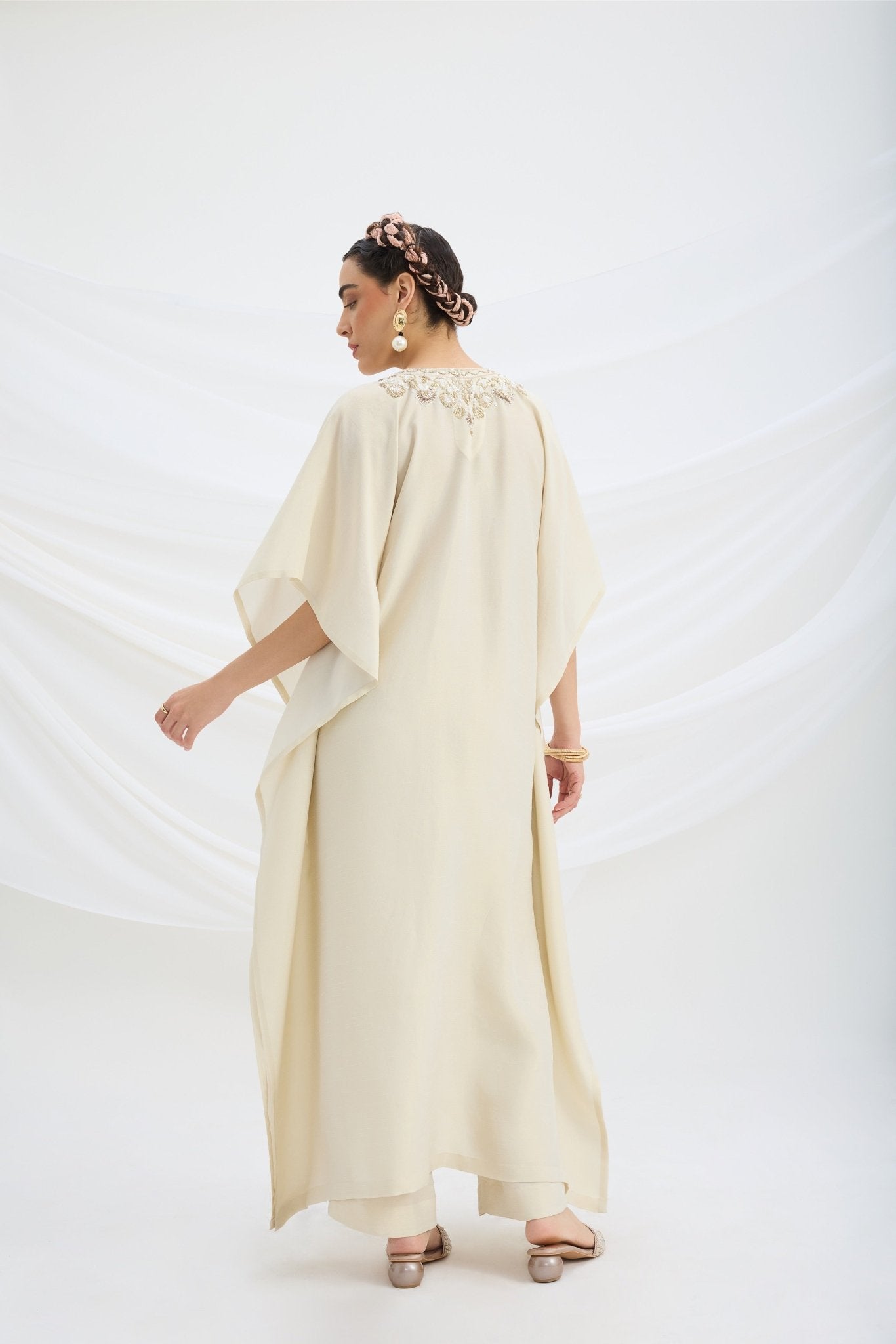 BEIGE EMBROIDERED KAFTAN WITH BOTTOM - White Maison de Couture