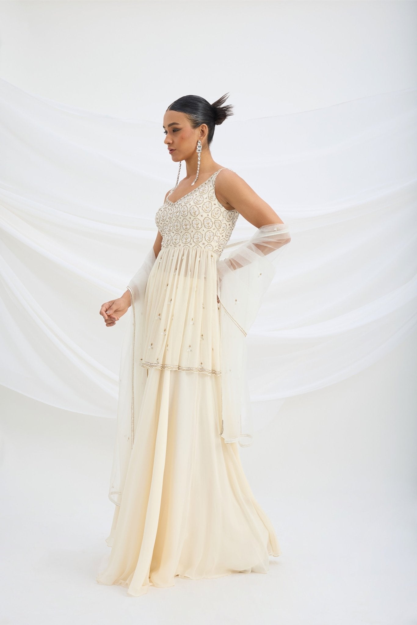 BEIGE SHARARA WITH EMBROIDERED PEPLUM TOP AND DUPATTA - White Maison de Couture