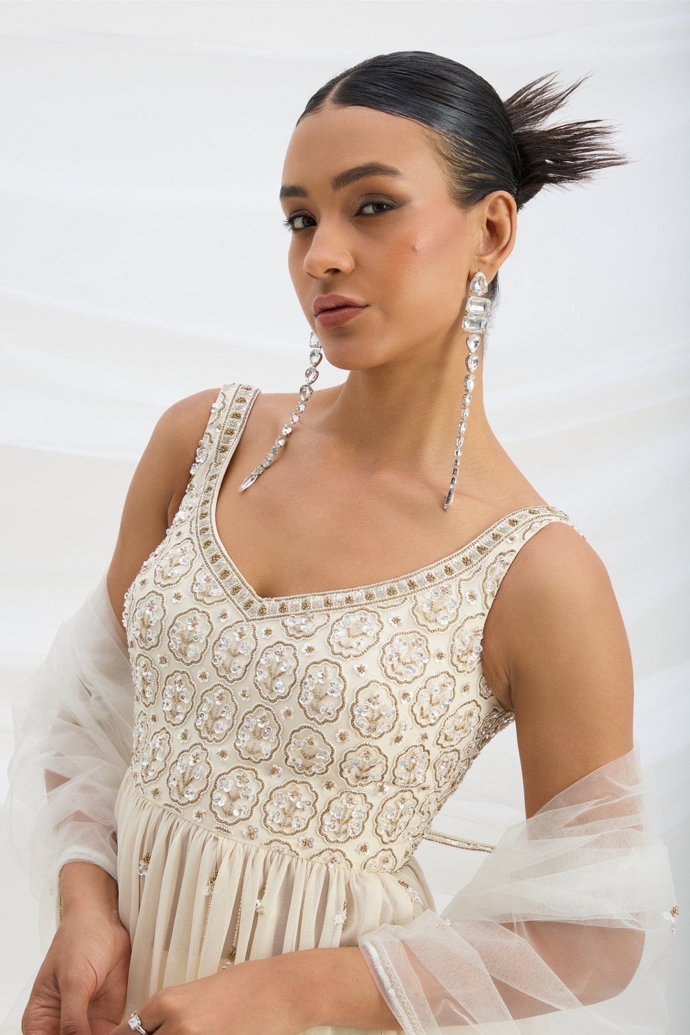 BEIGE SHARARA WITH EMBROIDERED PEPLUM TOP AND DUPATTA - White Maison de Couture