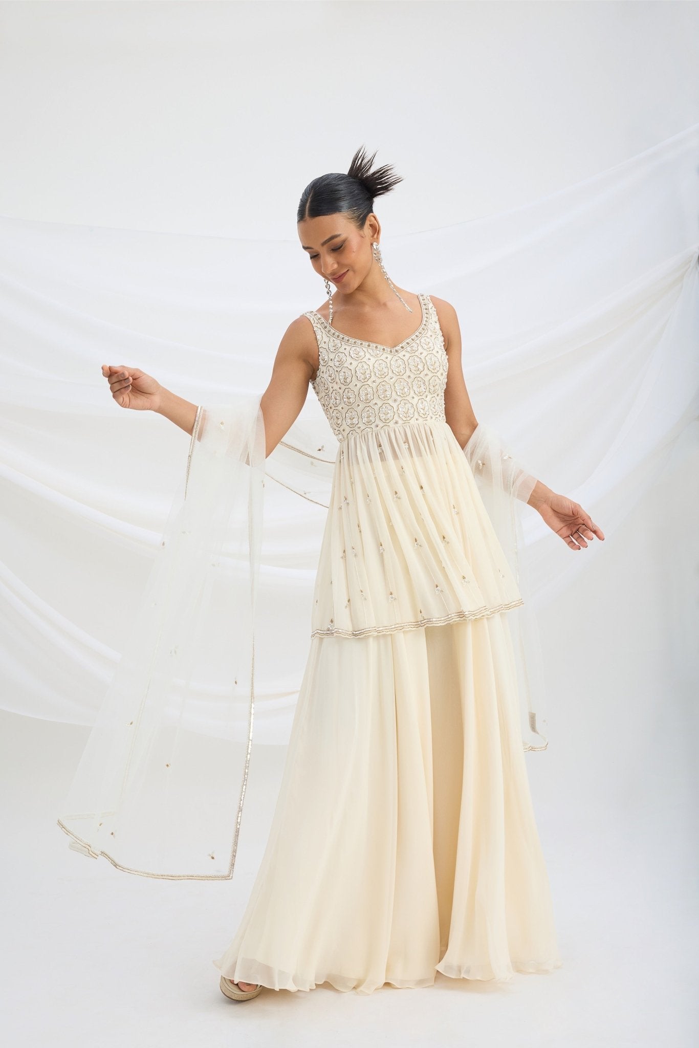 BEIGE SHARARA WITH EMBROIDERED PEPLUM TOP AND DUPATTA - White Maison de Couture