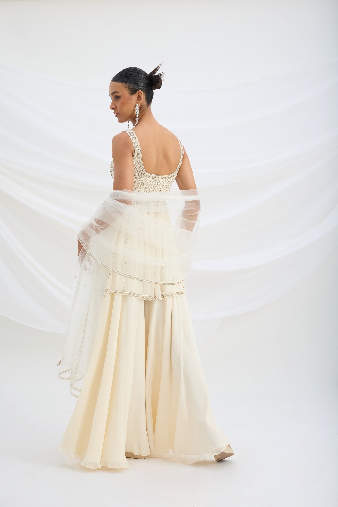 BEIGE SHARARA WITH EMBROIDERED PEPLUM TOP AND DUPATTA - White Maison de Couture