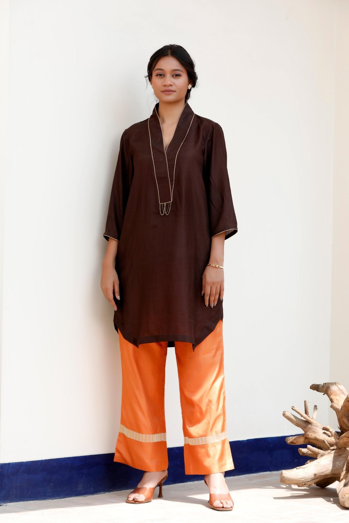 BROWN & ORANGE KURTA SET - White Maison de Couture