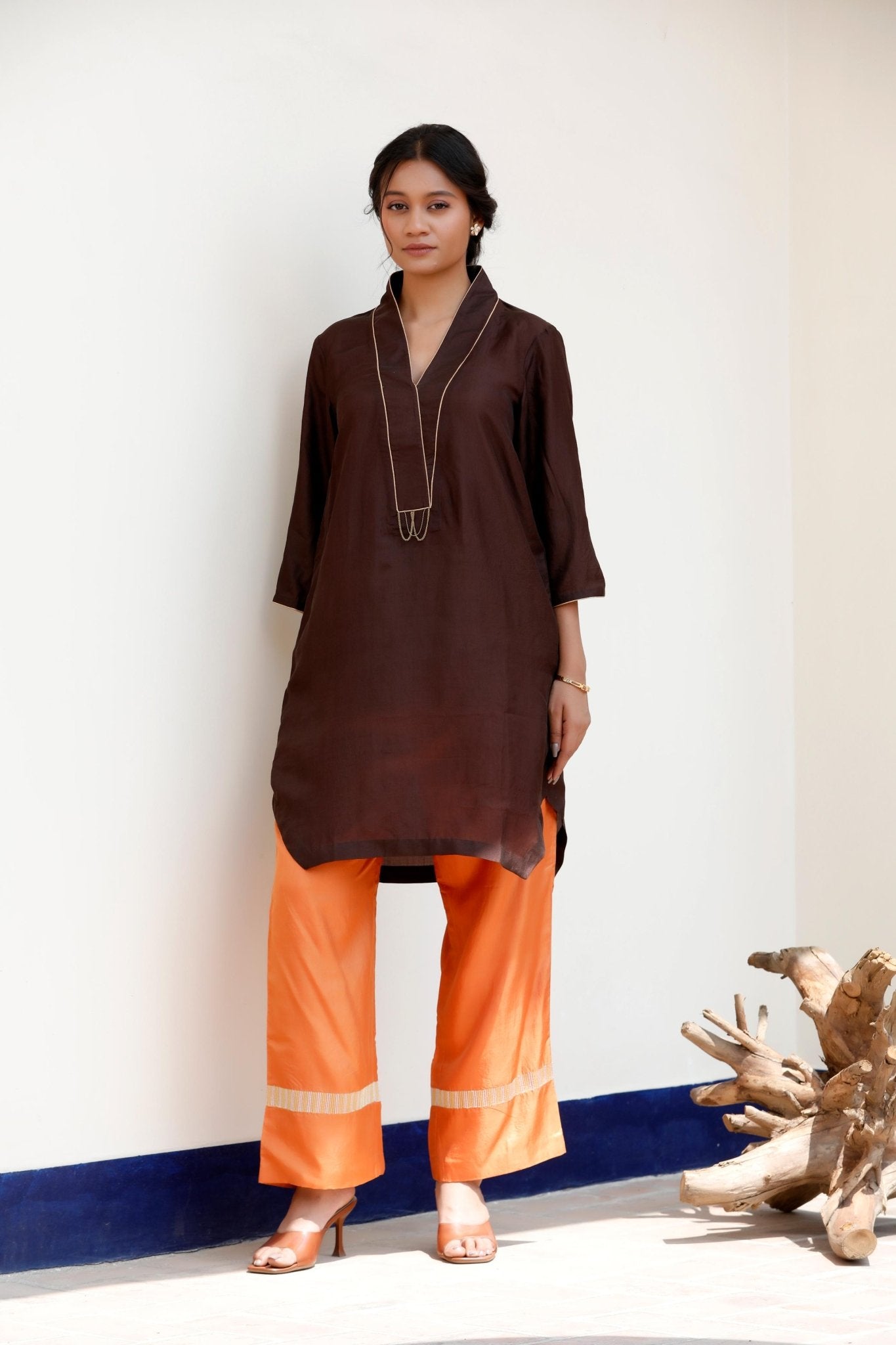 BROWN & ORANGE KURTA SET - White Maison de Couture