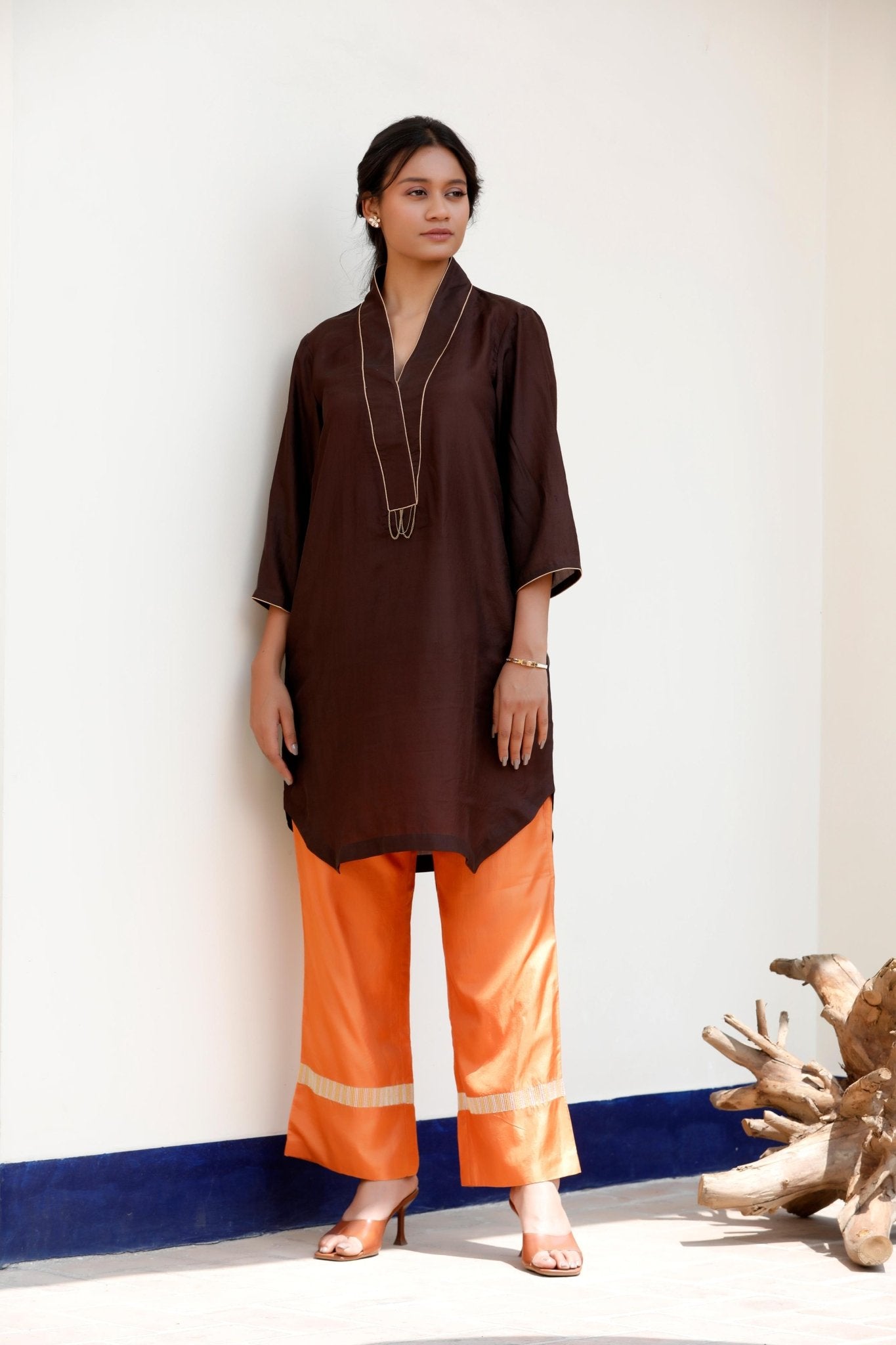 BROWN & ORANGE KURTA SET - White Maison de Couture