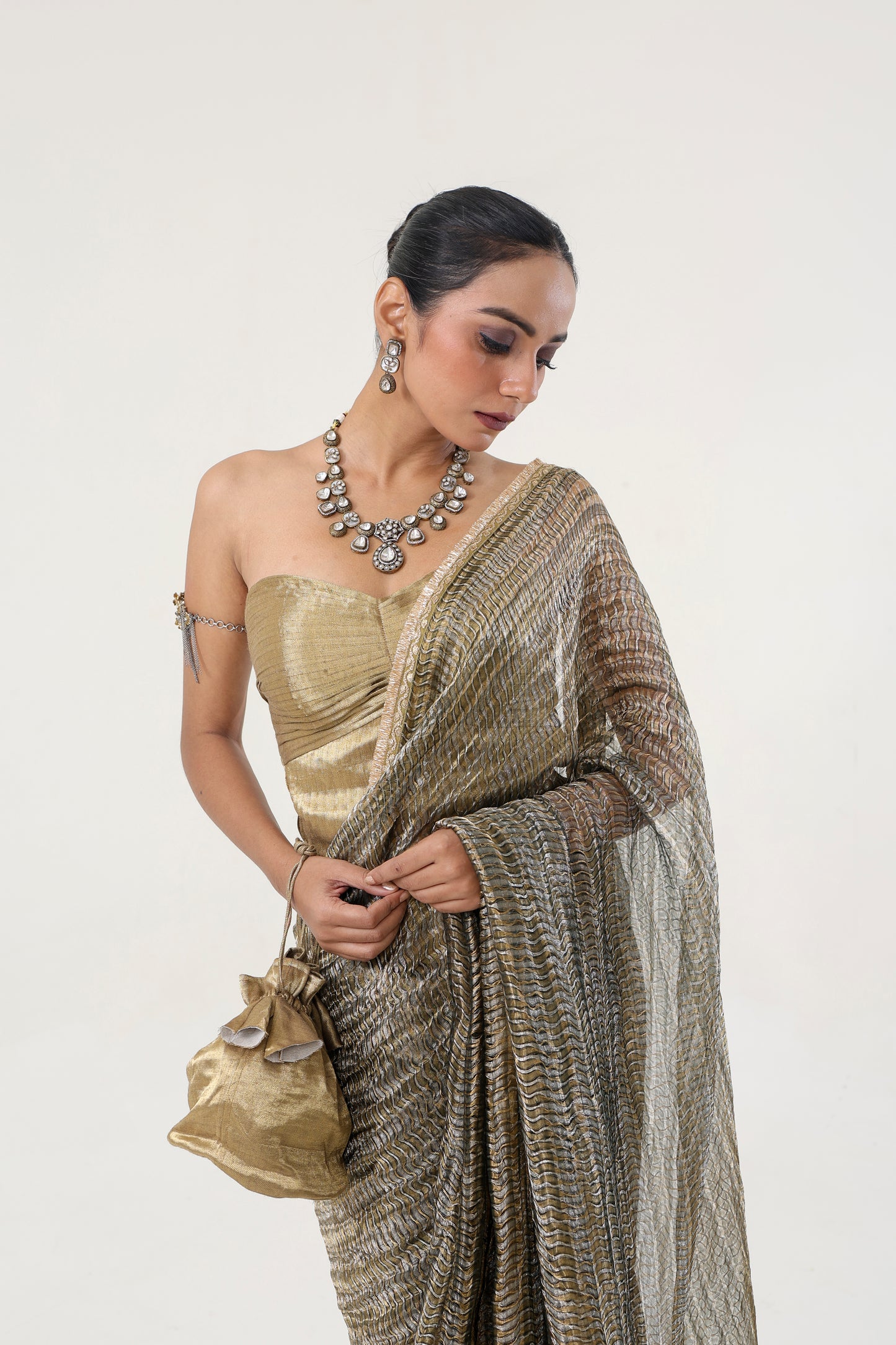 GREEN METALLIC WEAVED TISSUE ORGANZA SAREE