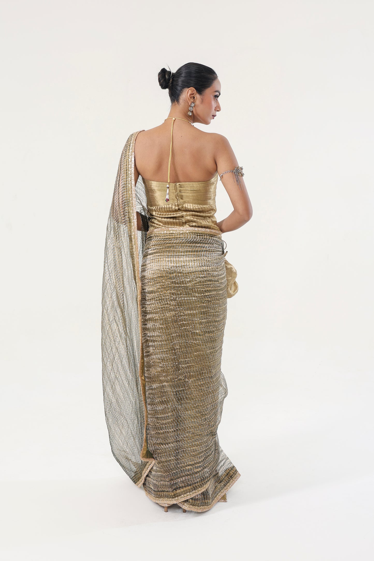 GREEN METALLIC WEAVED TISSUE ORGANZA SAREE