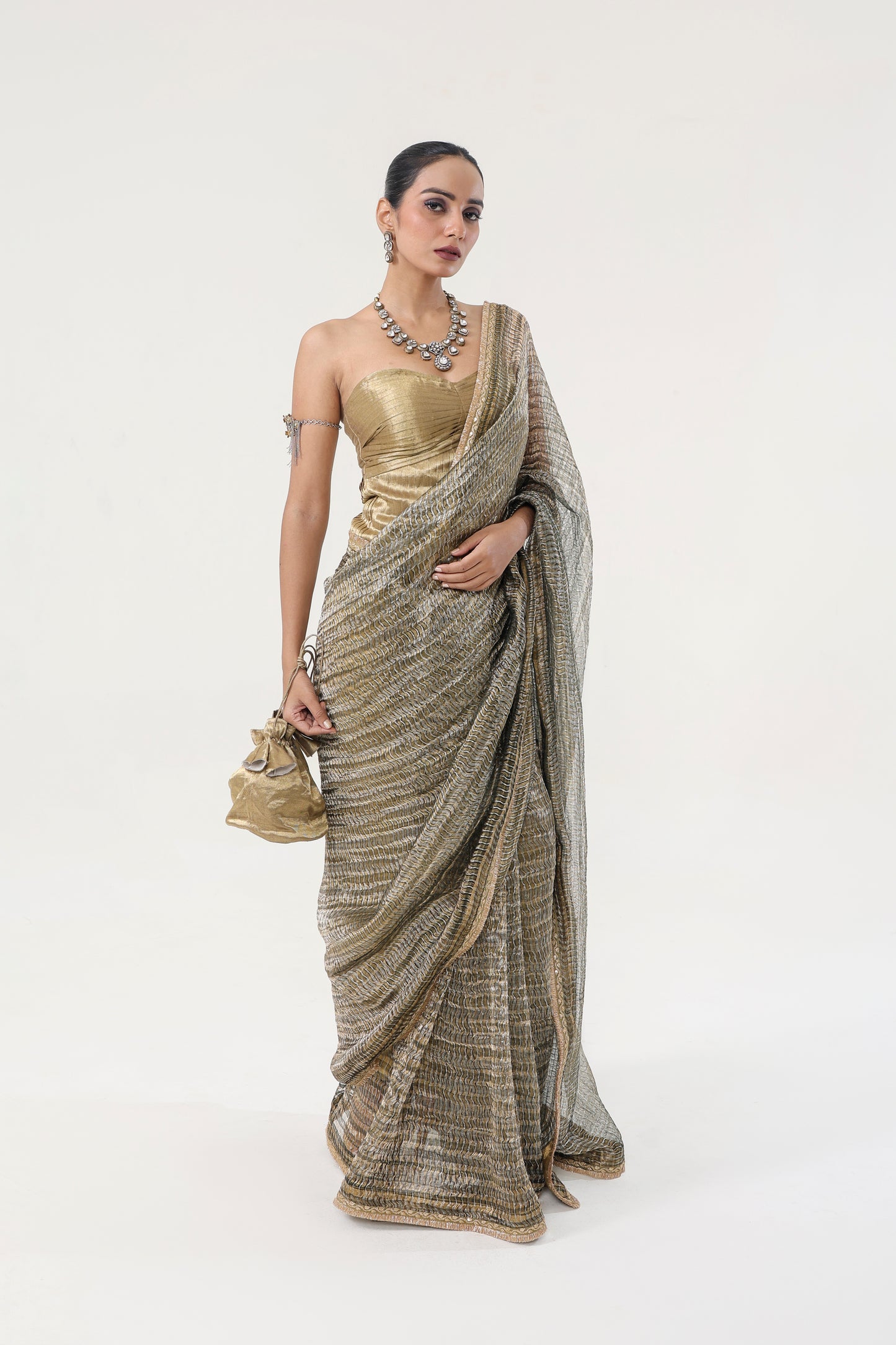 GREEN METALLIC WEAVED TISSUE ORGANZA SAREE