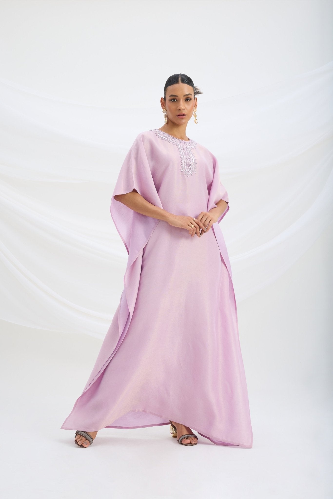 EMBROIDERED LILAC KAFTAN WITH BOTTOM - White Maison de Couture