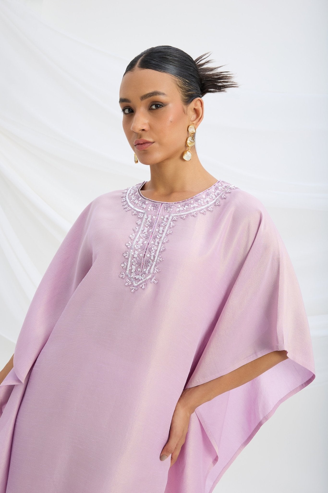 EMBROIDERED LILAC KAFTAN WITH BOTTOM - White Maison de Couture