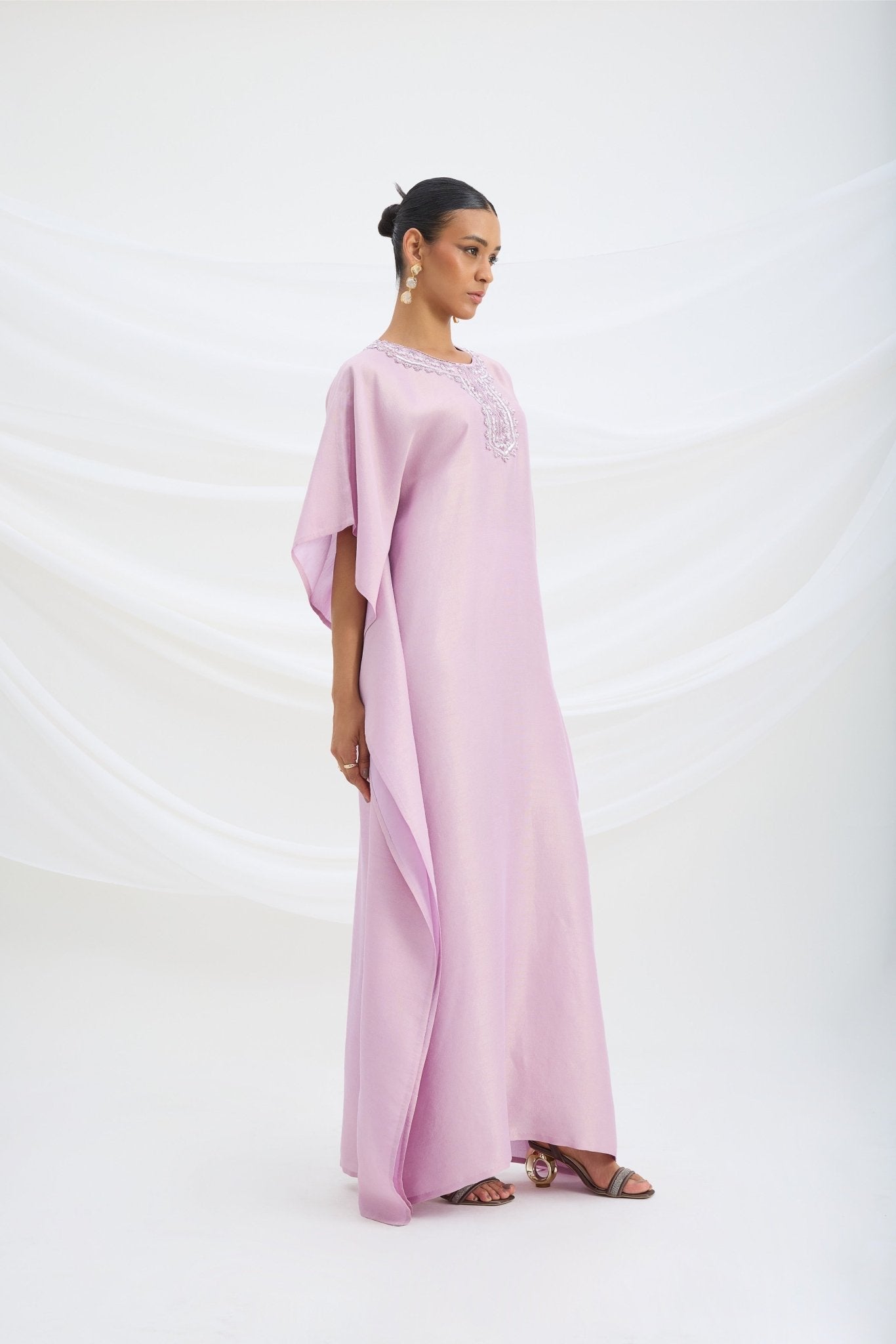 EMBROIDERED LILAC KAFTAN WITH BOTTOM - White Maison de Couture