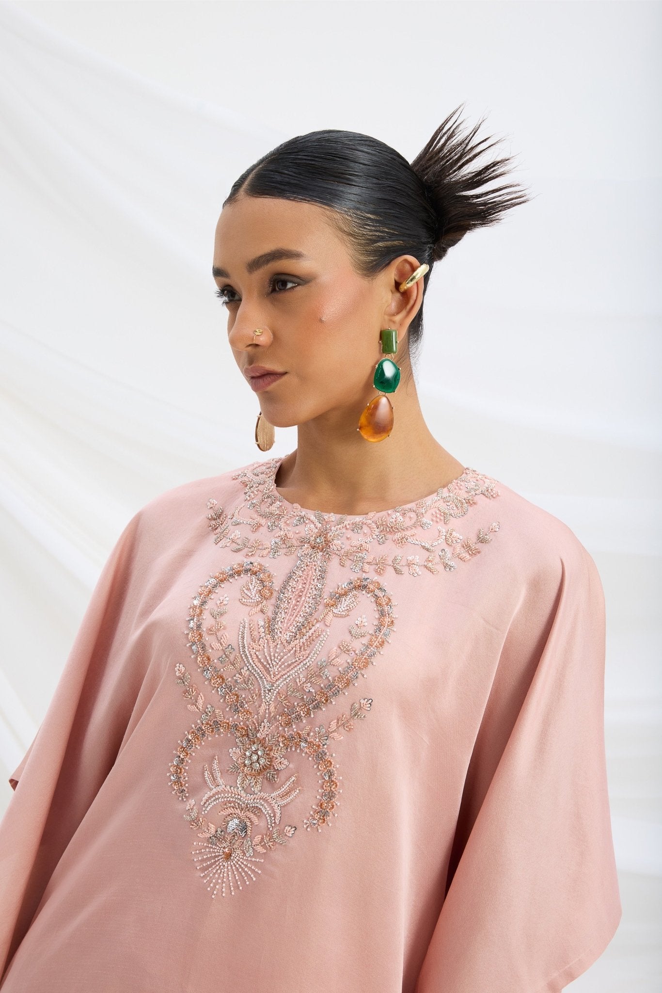 EMBROIDERED PEACH PINK KAFTAN WITH BOTTOM - White Maison de Couture