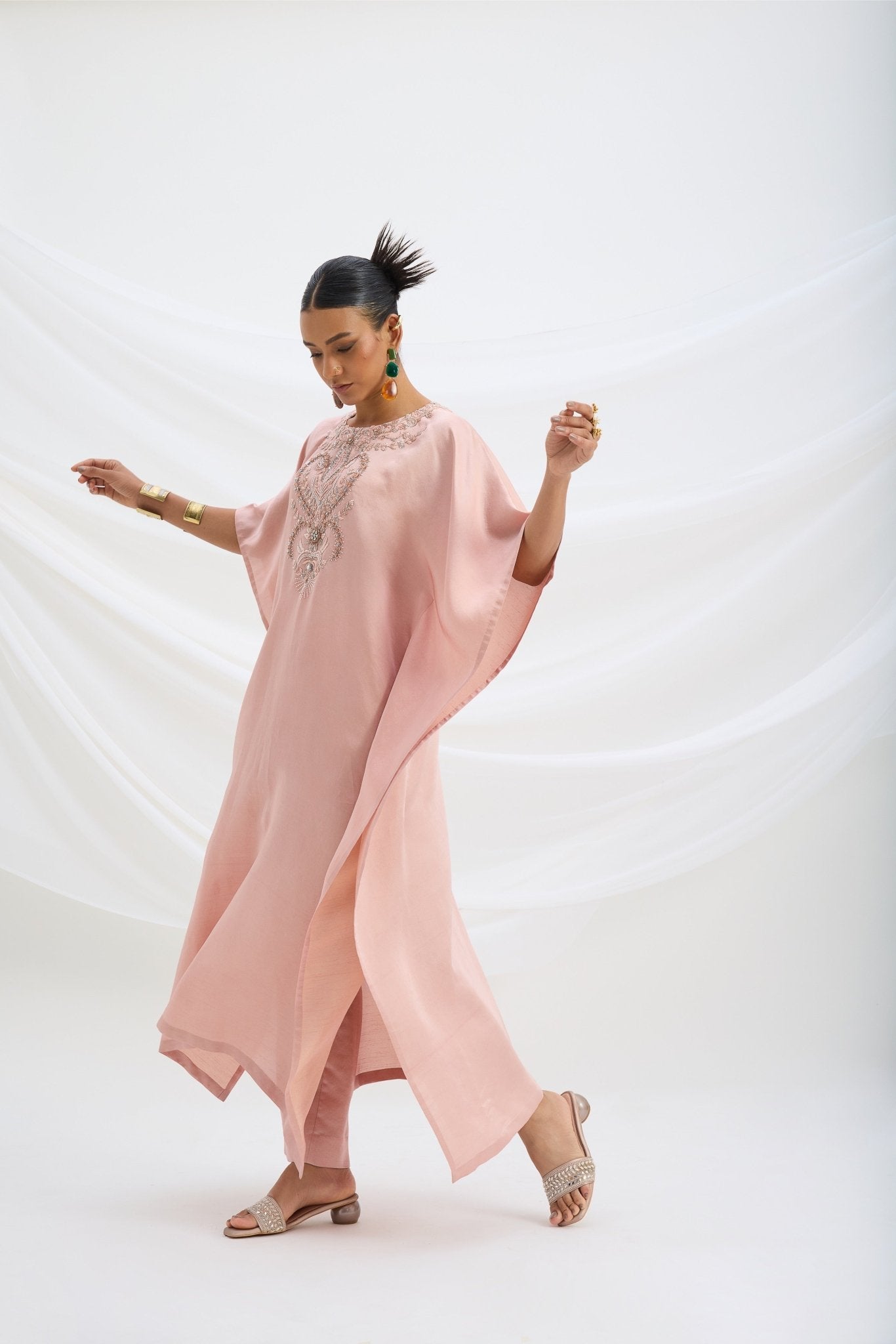 EMBROIDERED PEACH PINK KAFTAN WITH BOTTOM - White Maison de Couture