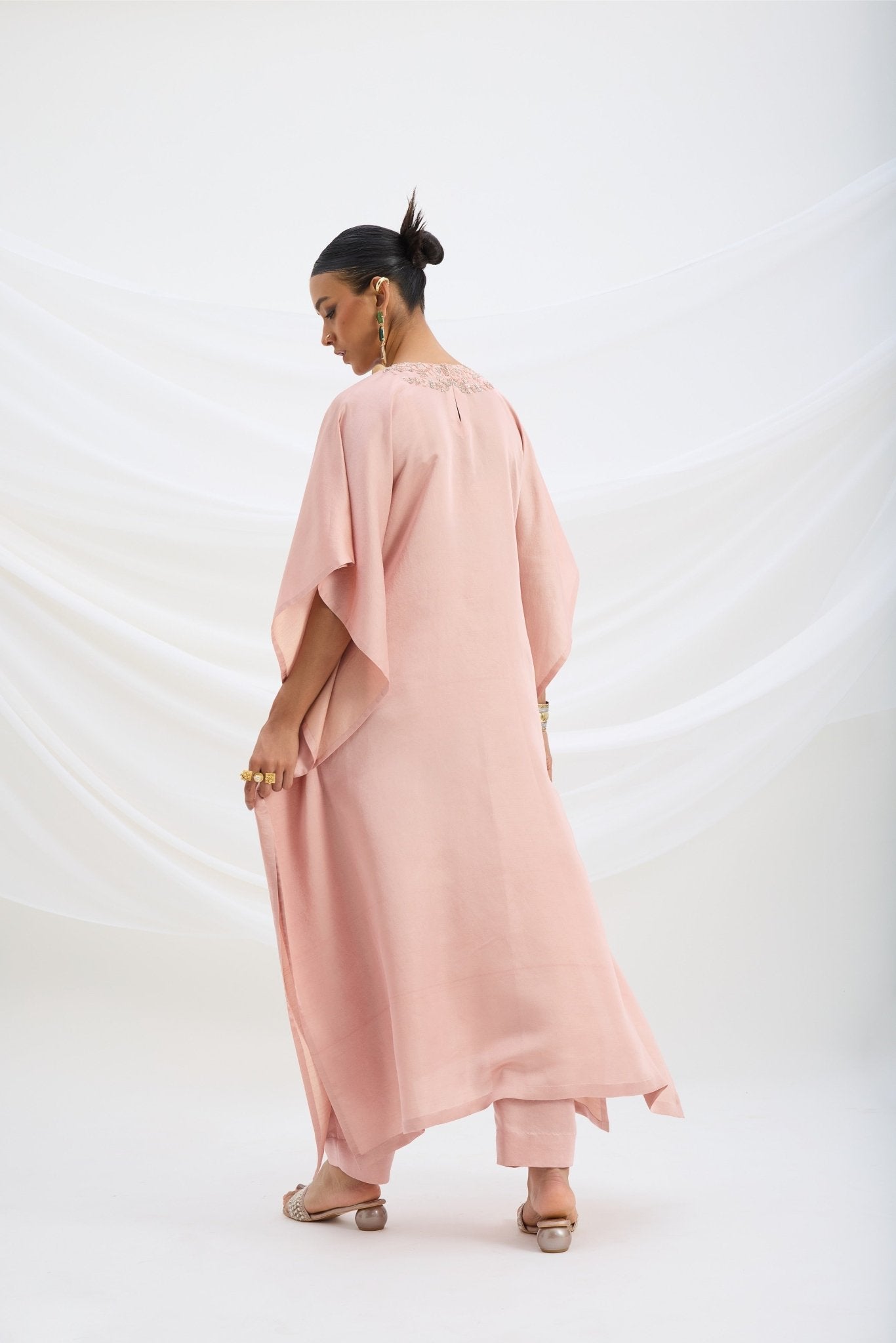 EMBROIDERED PEACH PINK KAFTAN WITH BOTTOM - White Maison de Couture