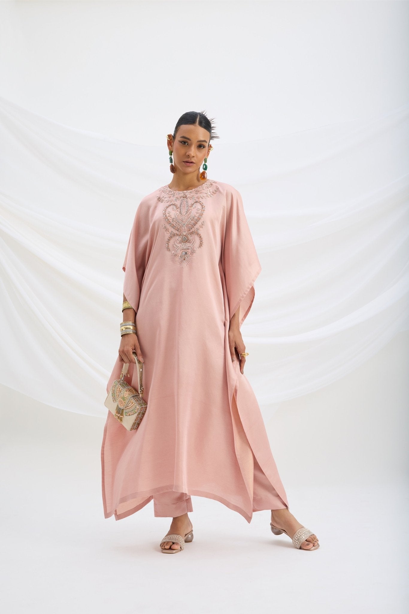 EMBROIDERED PEACH PINK KAFTAN WITH BOTTOM - White Maison de Couture