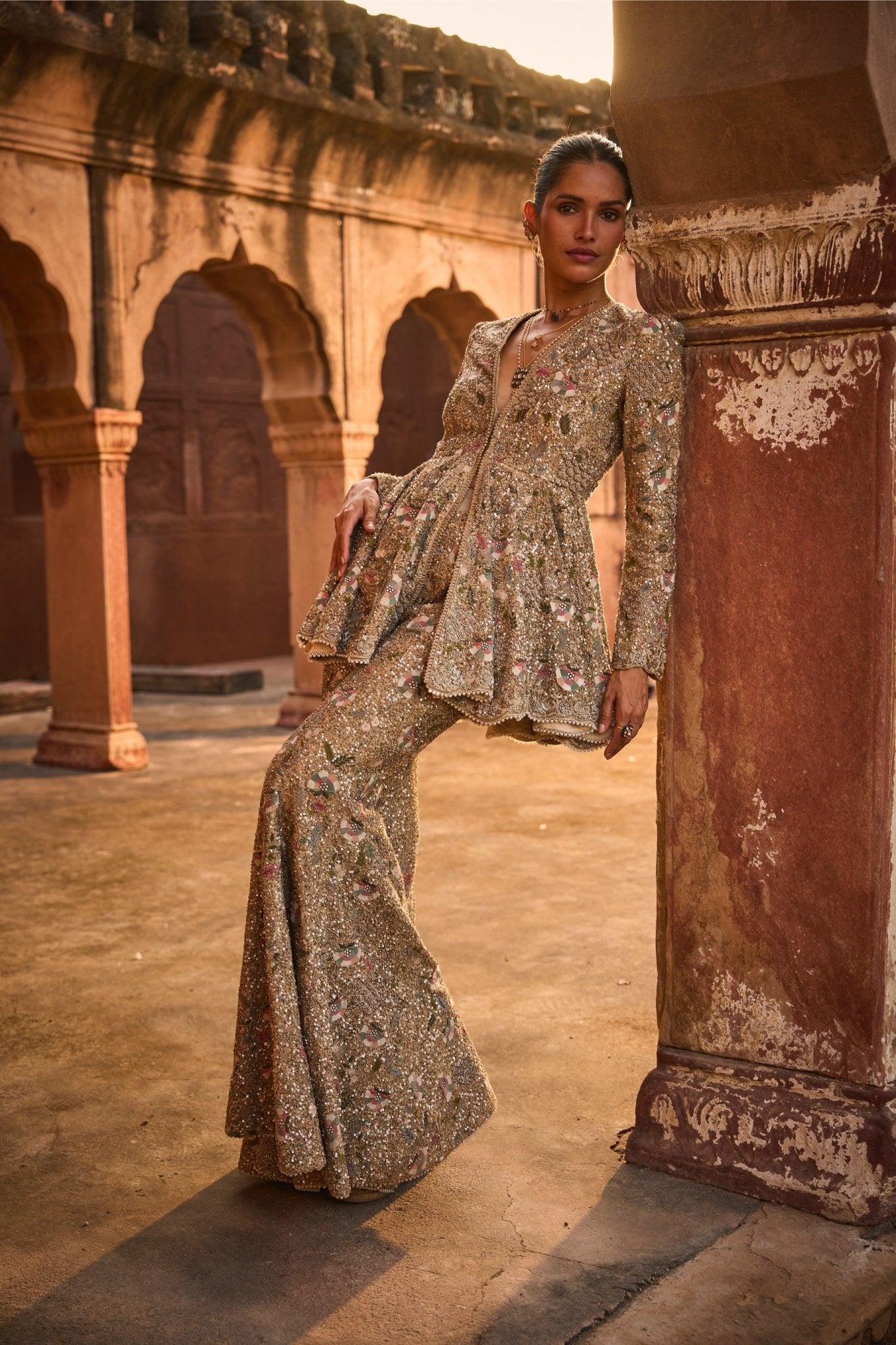 EMBROIDERED PEPLUM AND SHARARA SET - White Maison de Couture