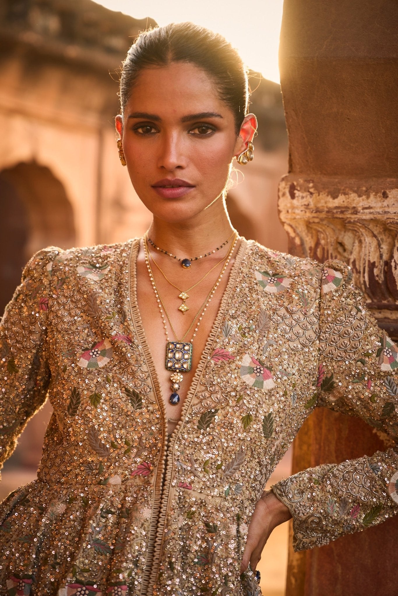 EMBROIDERED PEPLUM AND SHARARA SET - White Maison de Couture