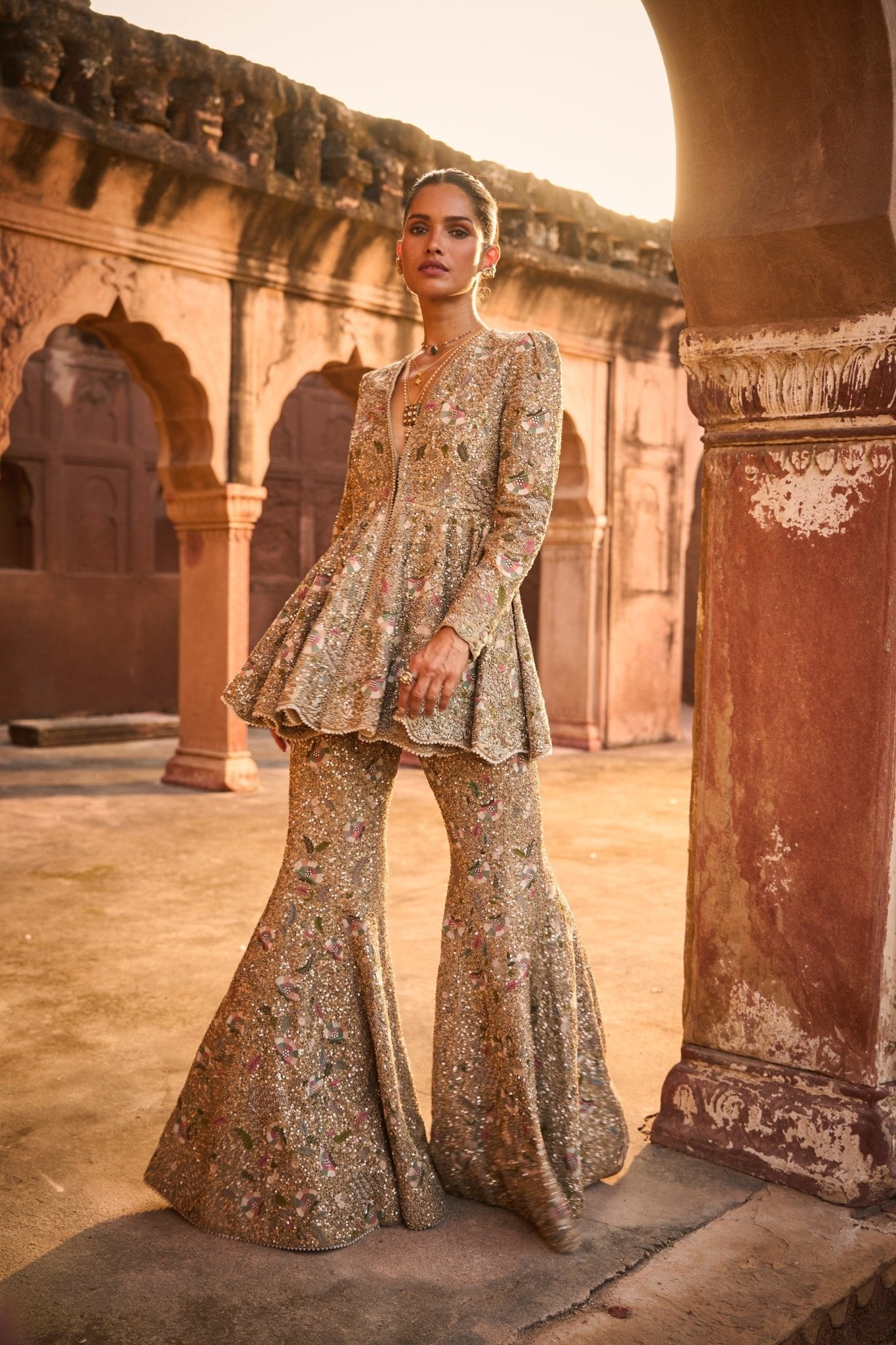 EMBROIDERED PEPLUM AND SHARARA SET - White Maison de Couture