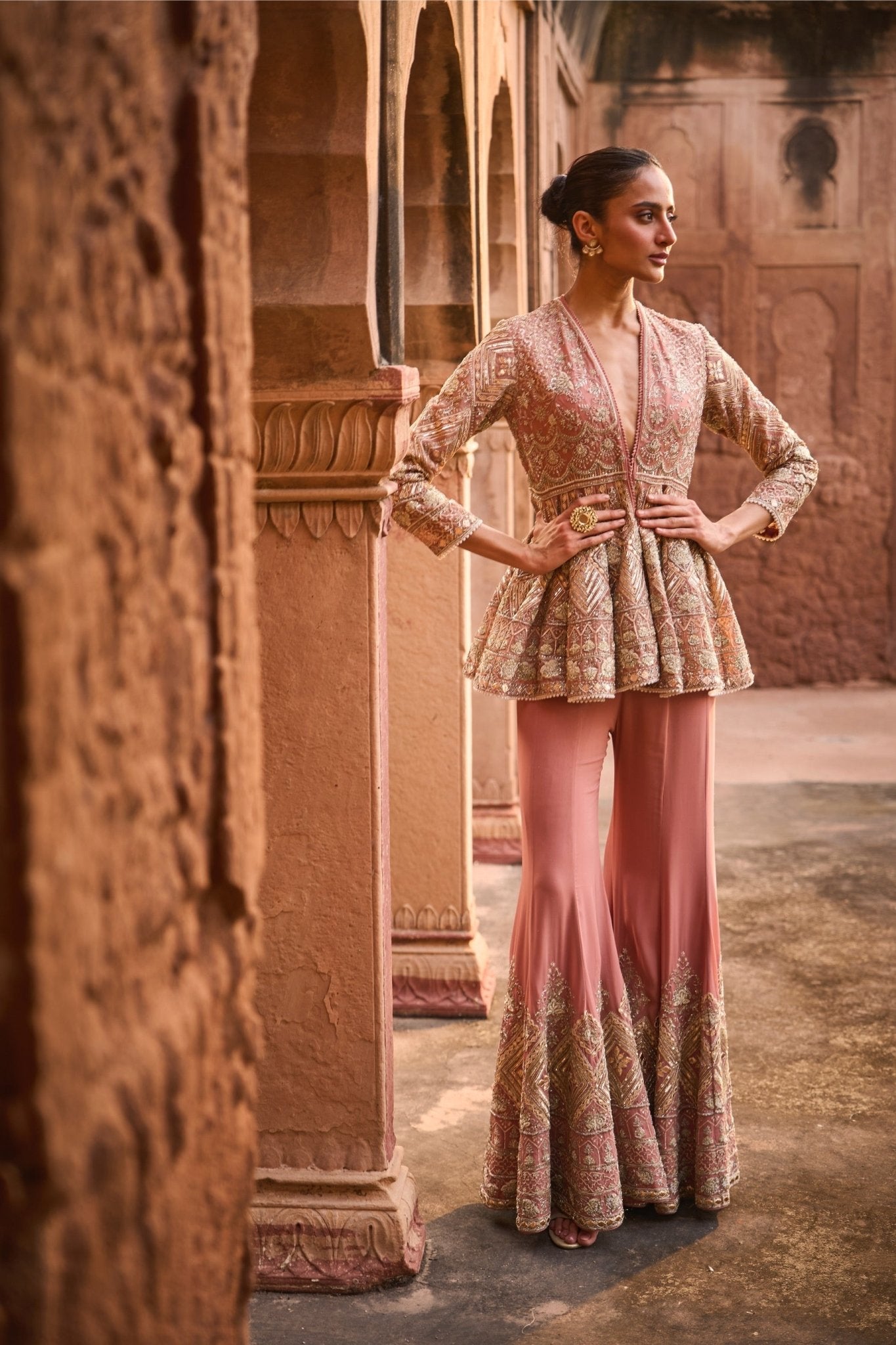 EMBROIDERED PEPLUM WITH SHARARA AND DUPATTA - White Maison de Couture