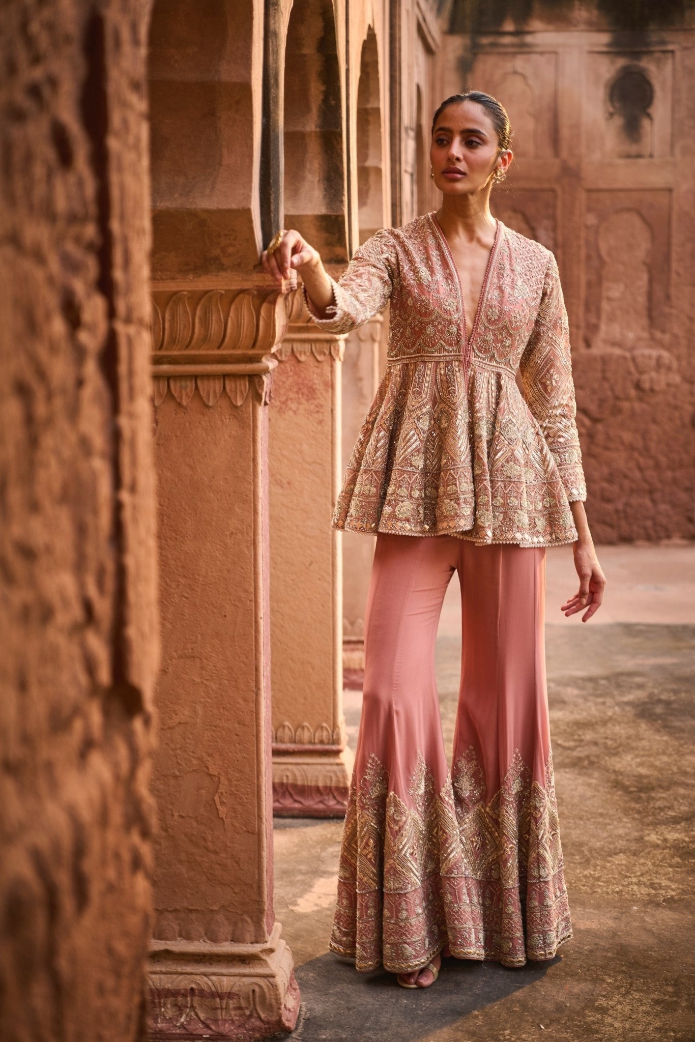 EMBROIDERED PEPLUM WITH SHARARA AND DUPATTA - White Maison de Couture