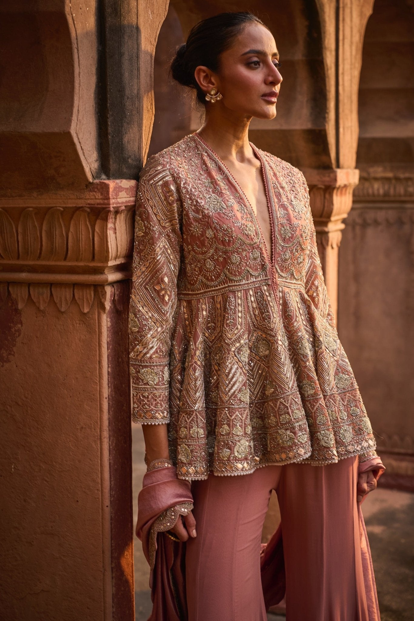 EMBROIDERED PEPLUM WITH SHARARA AND DUPATTA - White Maison de Couture