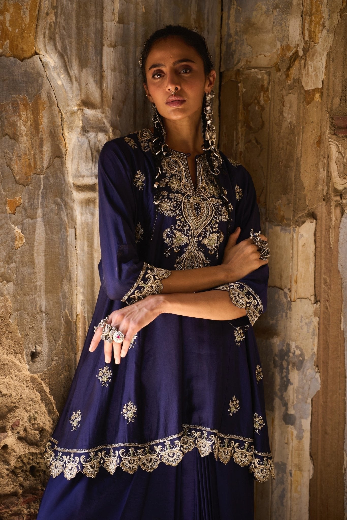 EMBROIDERED TUINC WITH DUPATTA AND COWL SKIRT - White Maison de Couture
