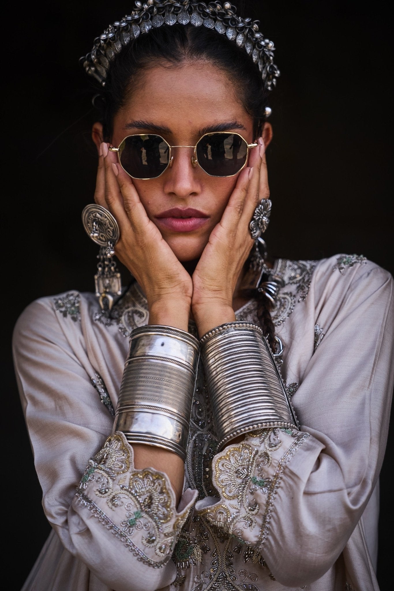 EMBROIDERED TUNIC WITH DUPATTA AND DHOTI - White Maison de Couture