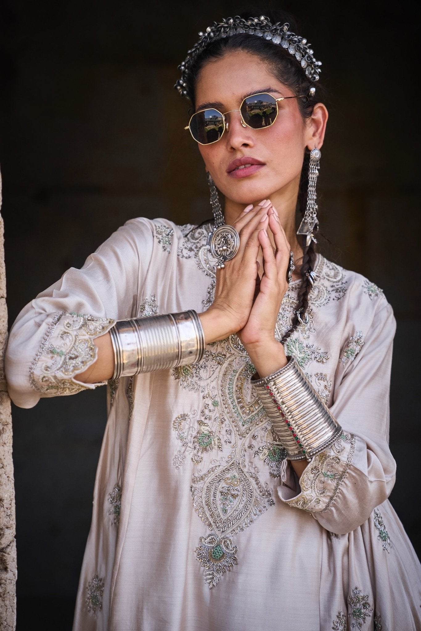 EMBROIDERED TUNIC WITH DUPATTA AND DHOTI - White Maison de Couture