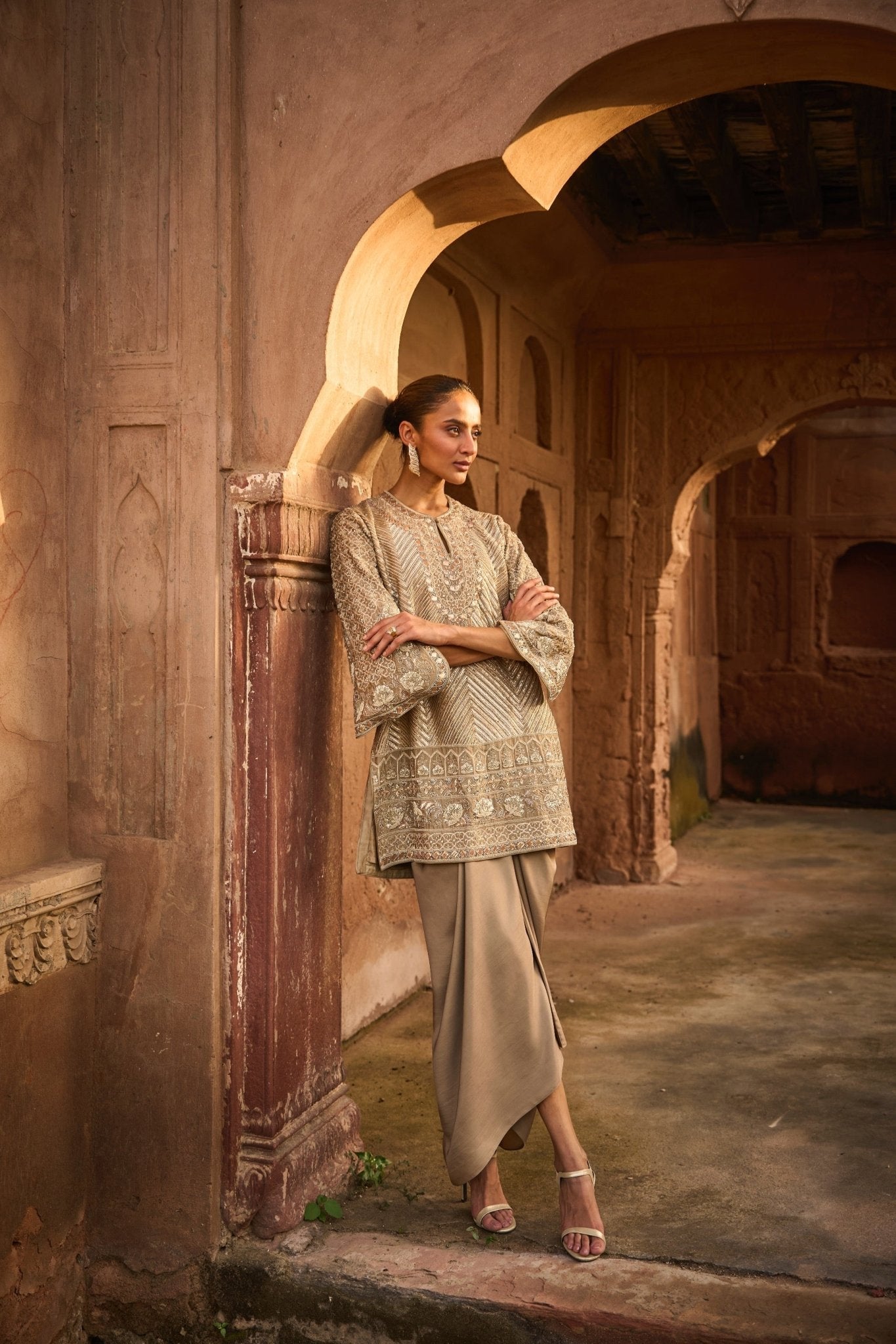 EMBROIDERED TUNIC WITH DUPATTA AND WRAP SKIRT - White Maison de Couture