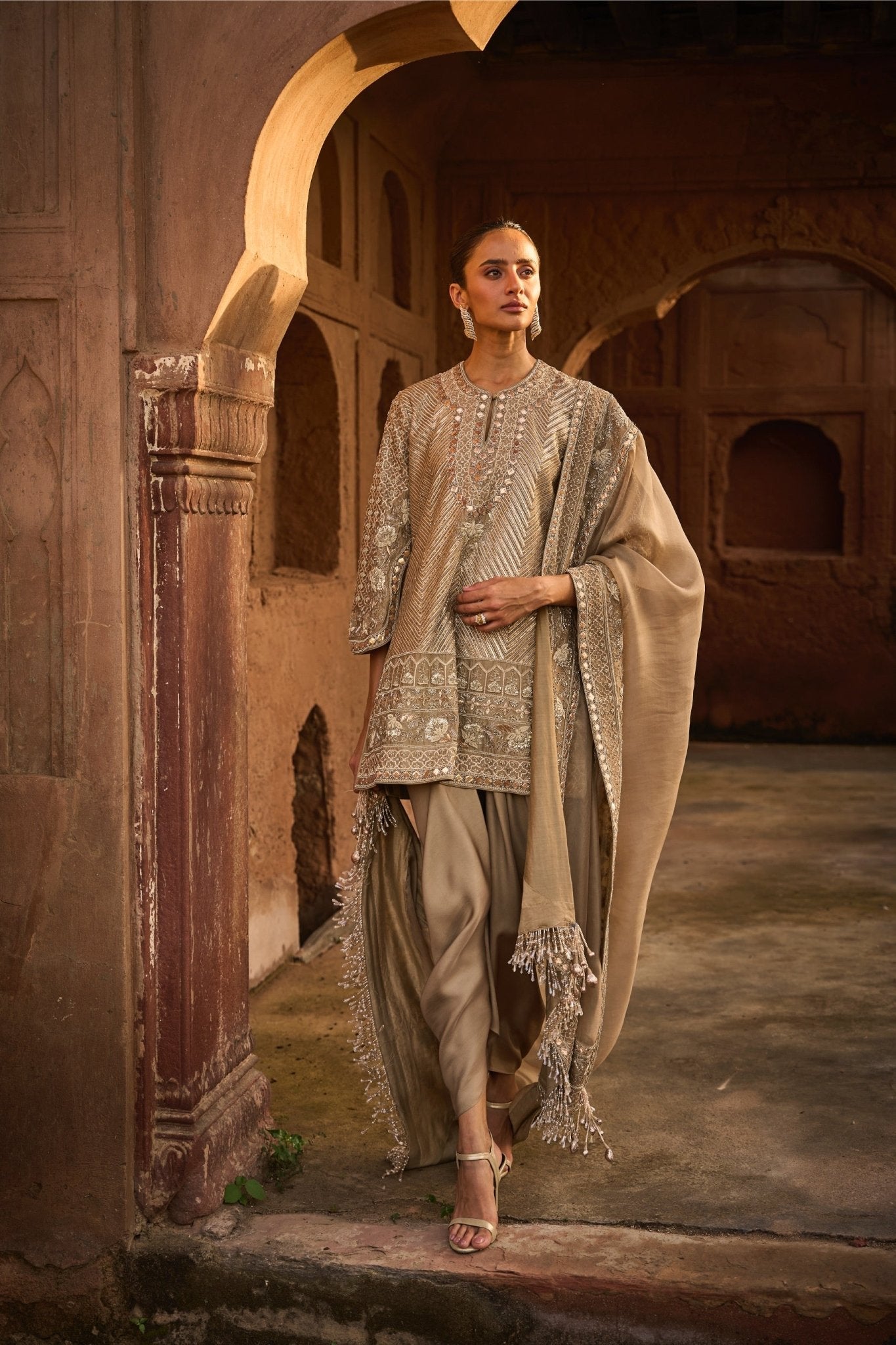 EMBROIDERED TUNIC WITH DUPATTA AND WRAP SKIRT - White Maison de Couture