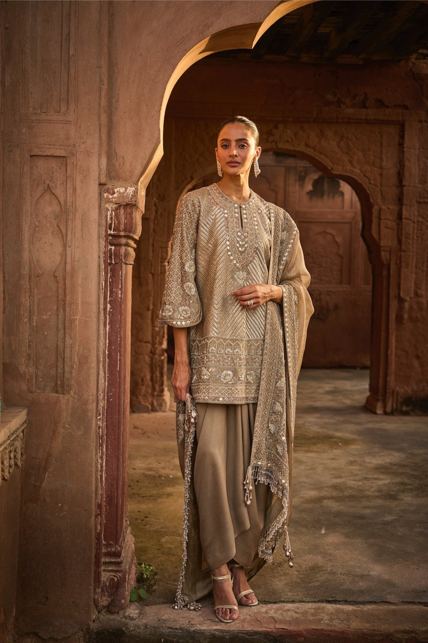 EMBROIDERED TUNIC WITH DUPATTA AND WRAP SKIRT - White Maison de Couture