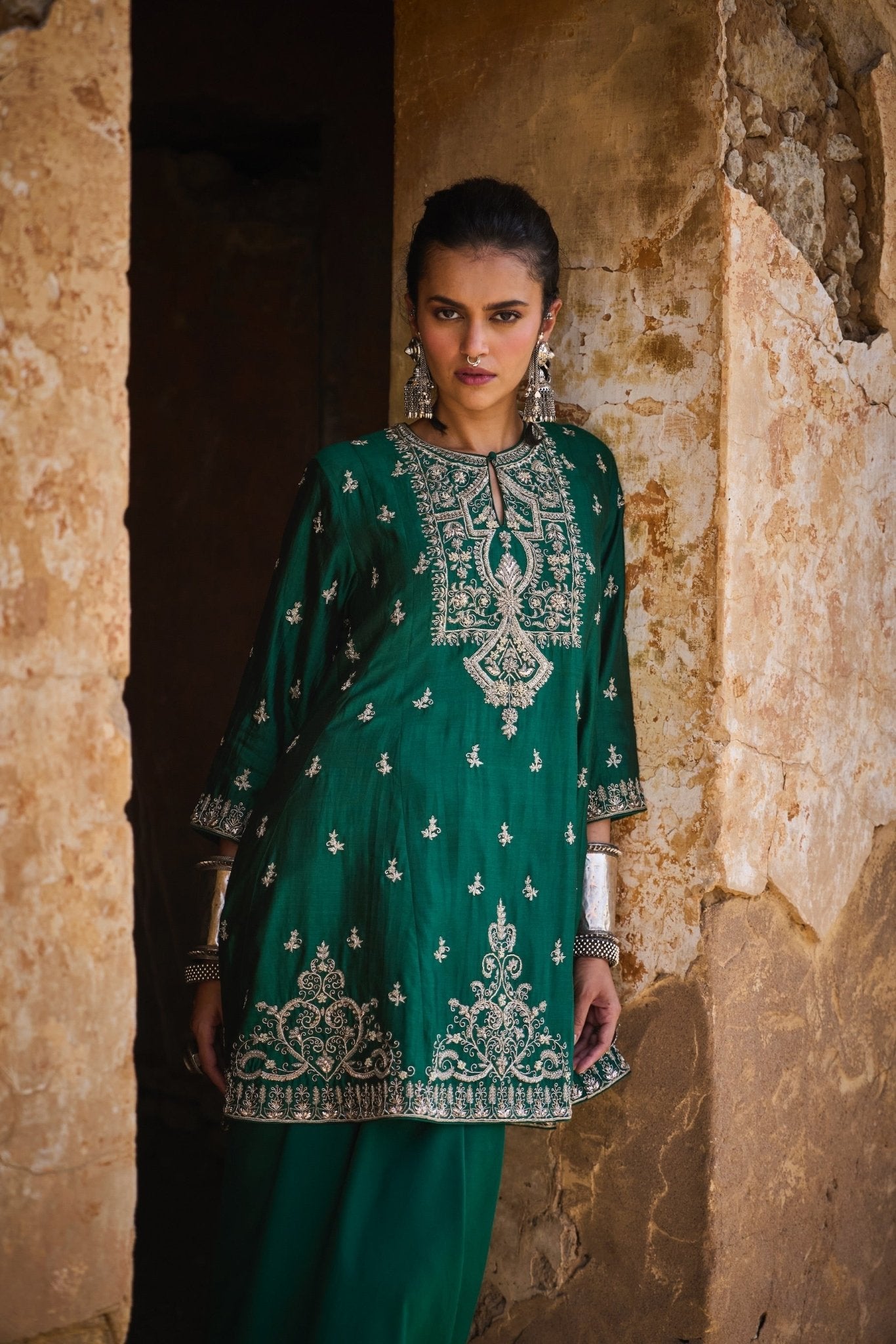 EMBROIDERED TUNIC WITH WRAP SKIRT - White Maison de Couture