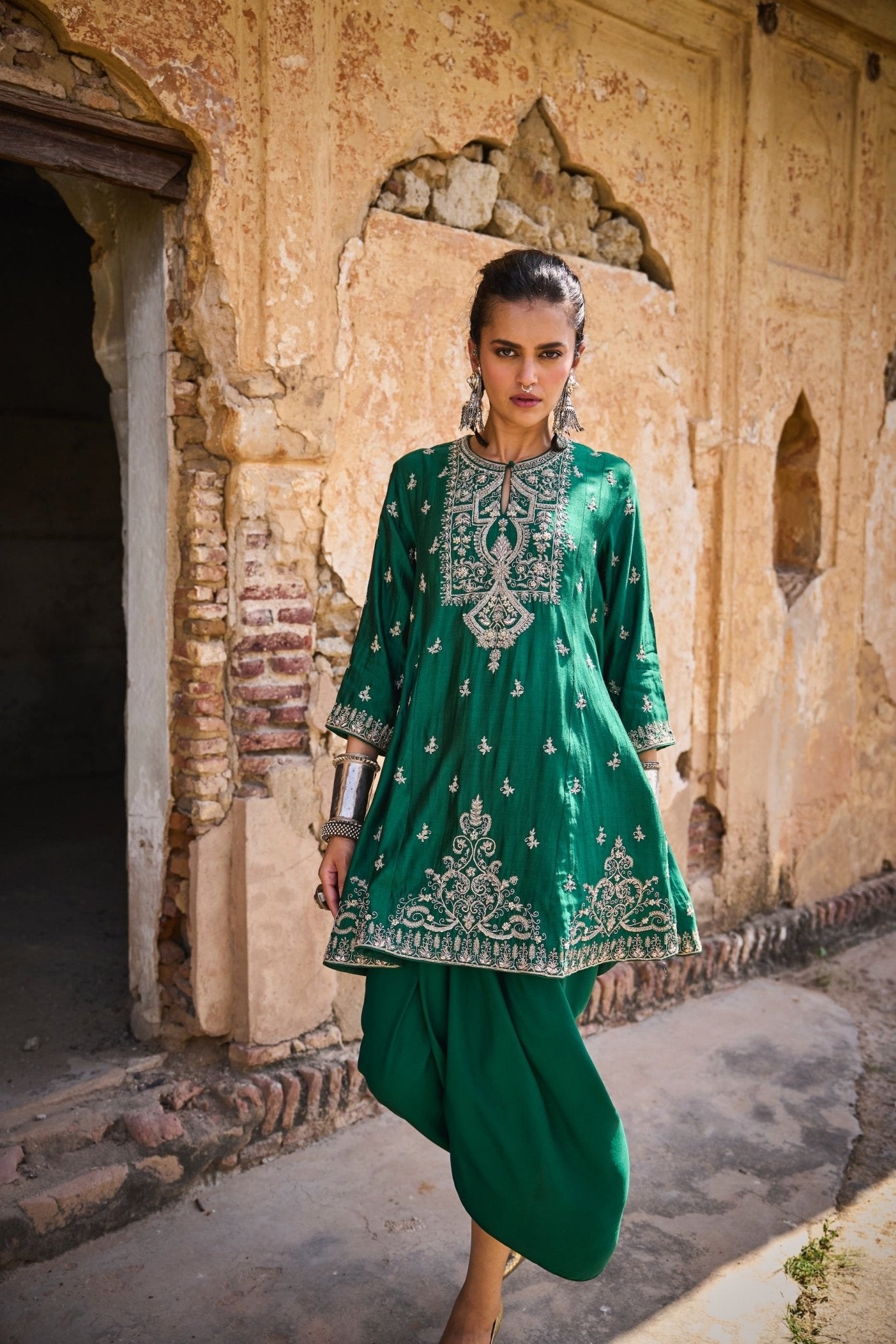 EMBROIDERED TUNIC WITH WRAP SKIRT - White Maison de Couture