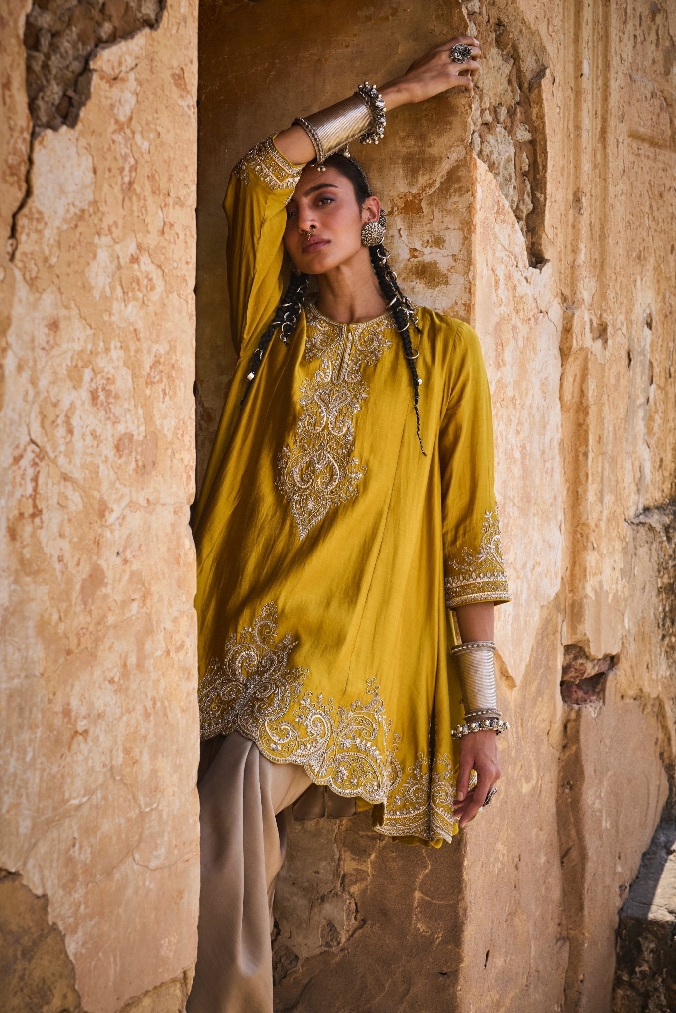 EMBROIDERED TUNIC WITH WRAP SKIRT - White Maison de Couture