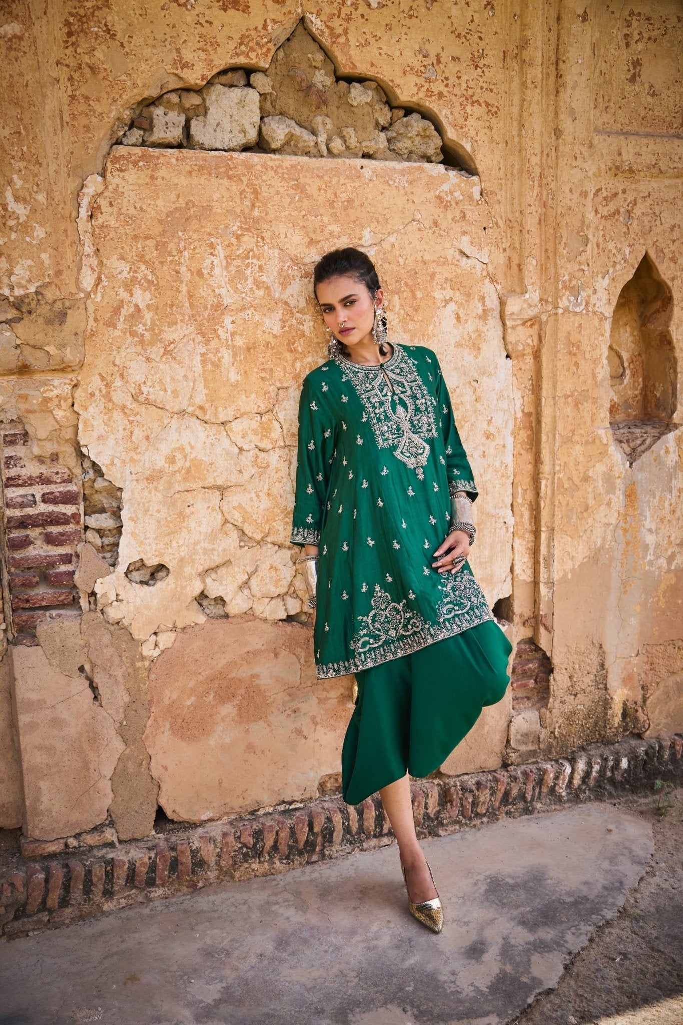 EMBROIDERED TUNIC WITH WRAP SKIRT - White Maison de Couture
