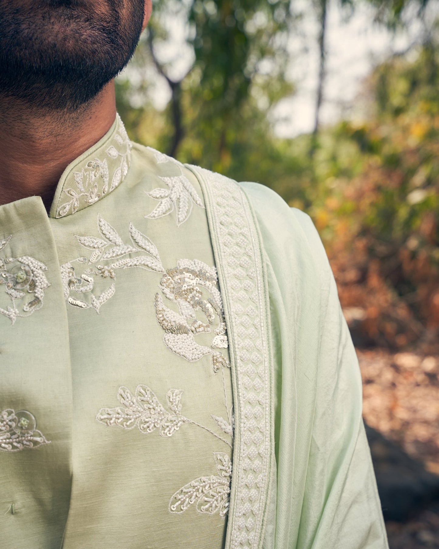 FLORAL SHERWANI SET - White Maison de Couture