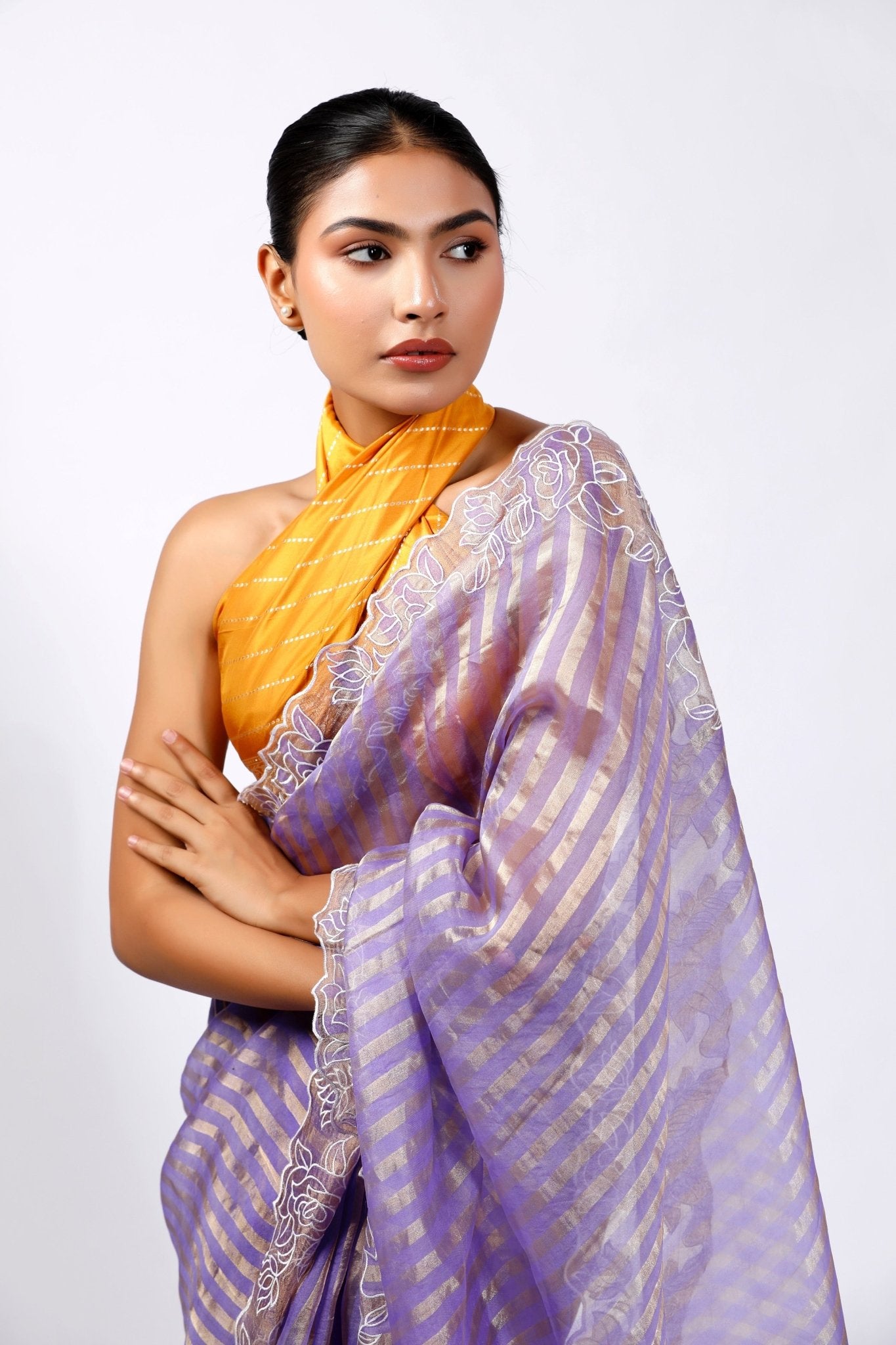 FLORAL THREADWORK TISSUE SAREE - White Maison de Couture