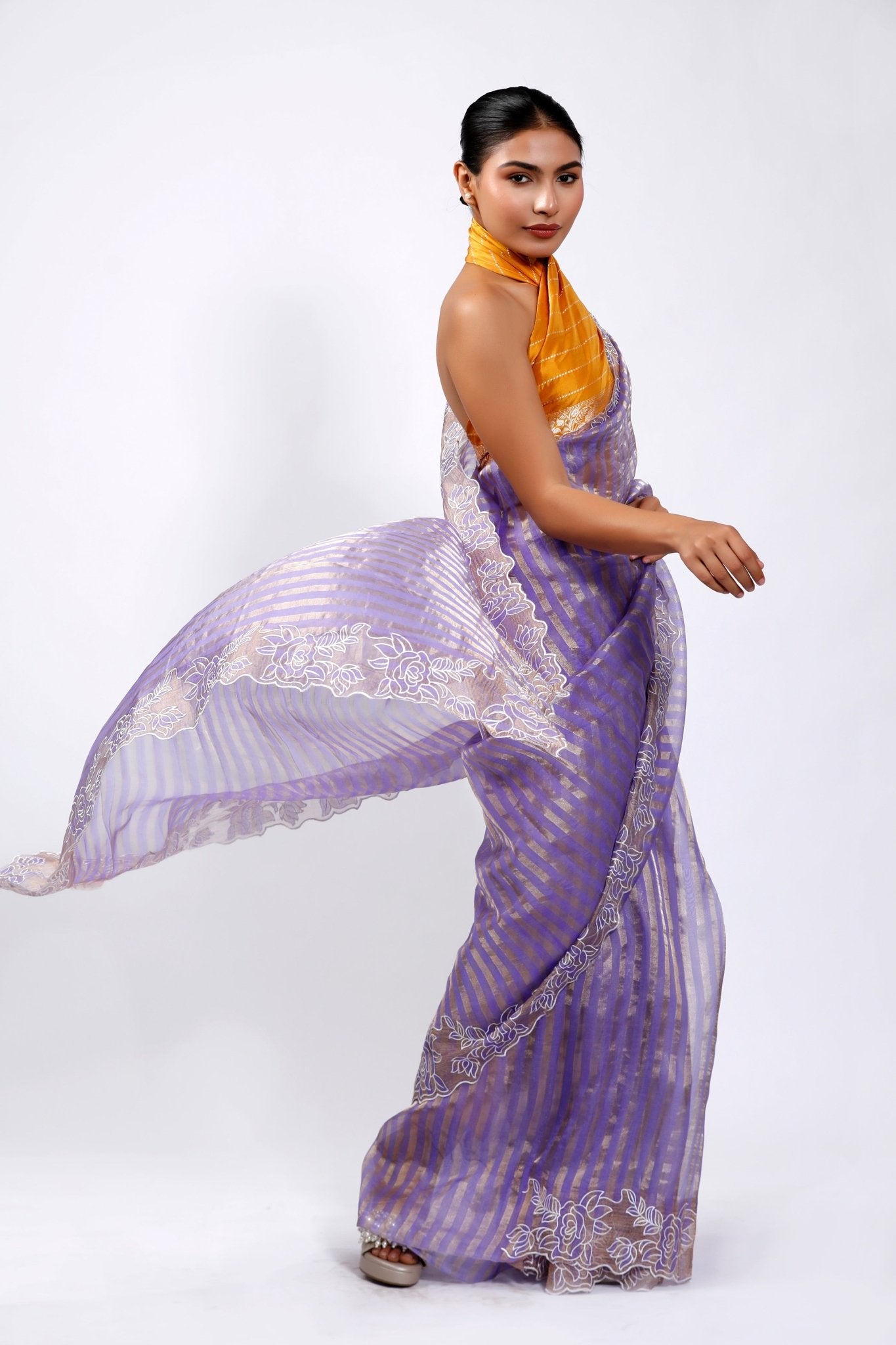 FLORAL THREADWORK TISSUE SAREE - White Maison de Couture