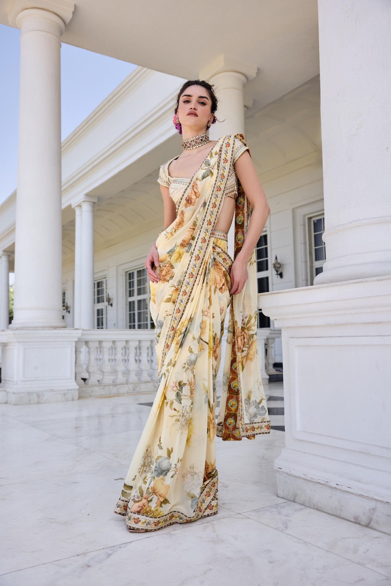FRIDA DRAPED SAREE SET - White Maison de Couture