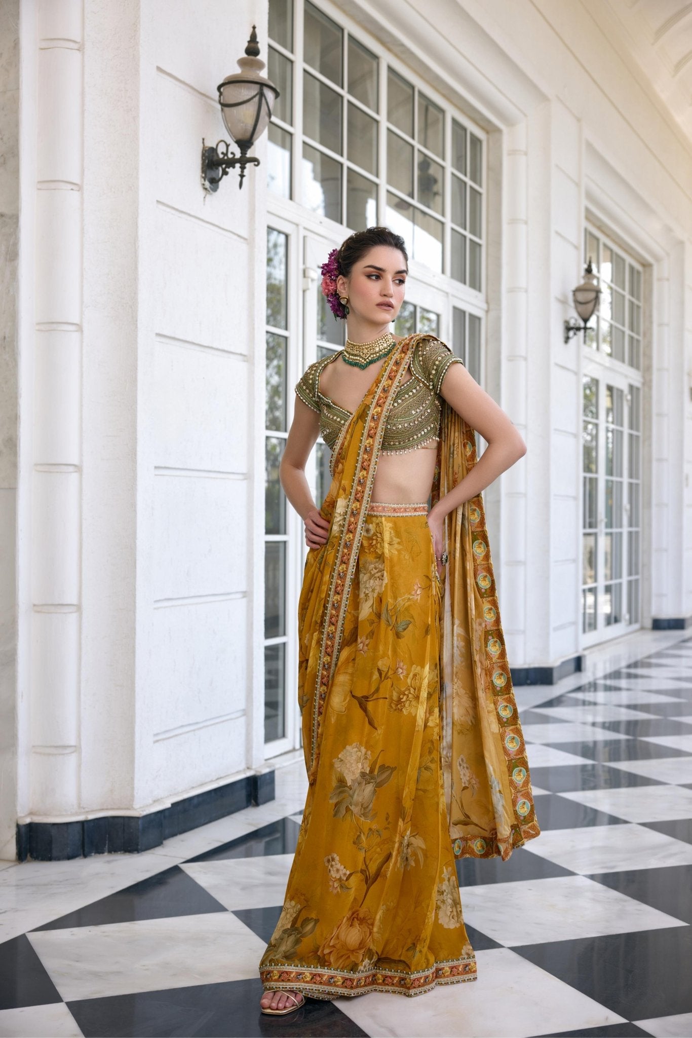 FRIDA DRAPED SAREE SET - White Maison de Couture