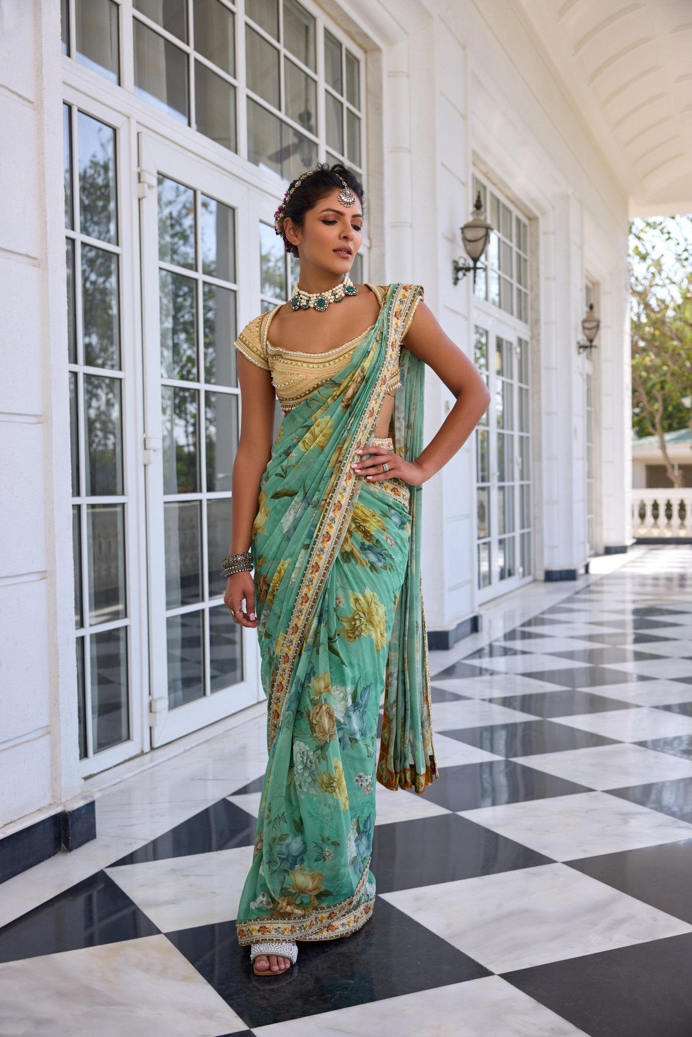 FRIDA DRAPED SAREE SET - White Maison de Couture
