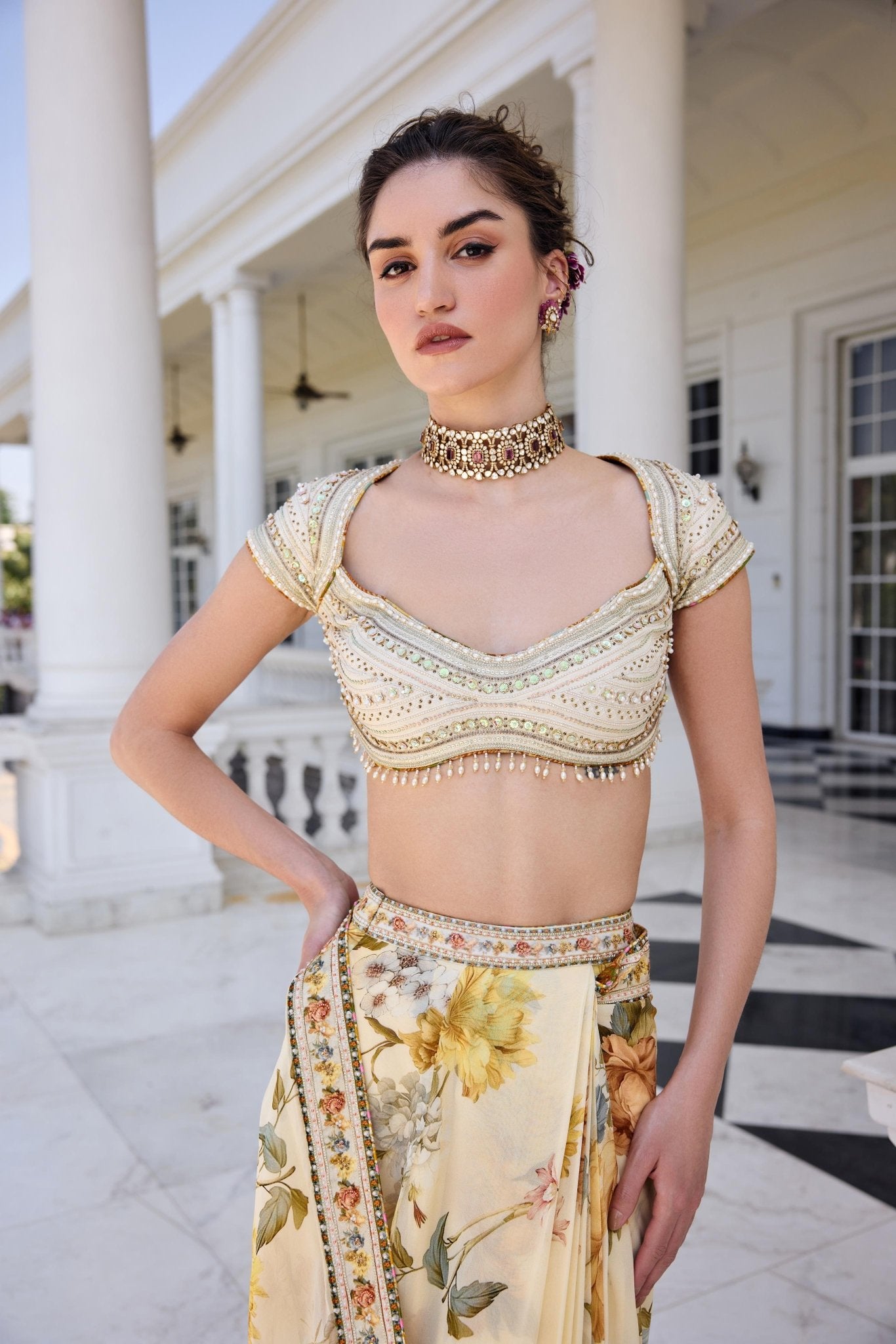 FRIDA DRAPED SAREE SET - White Maison de Couture