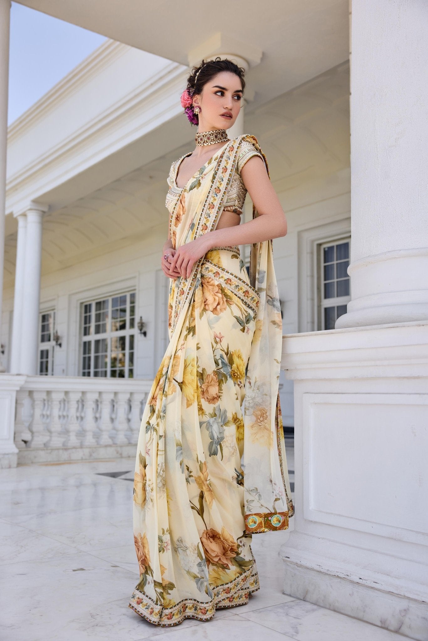 FRIDA DRAPED SAREE SET - White Maison de Couture