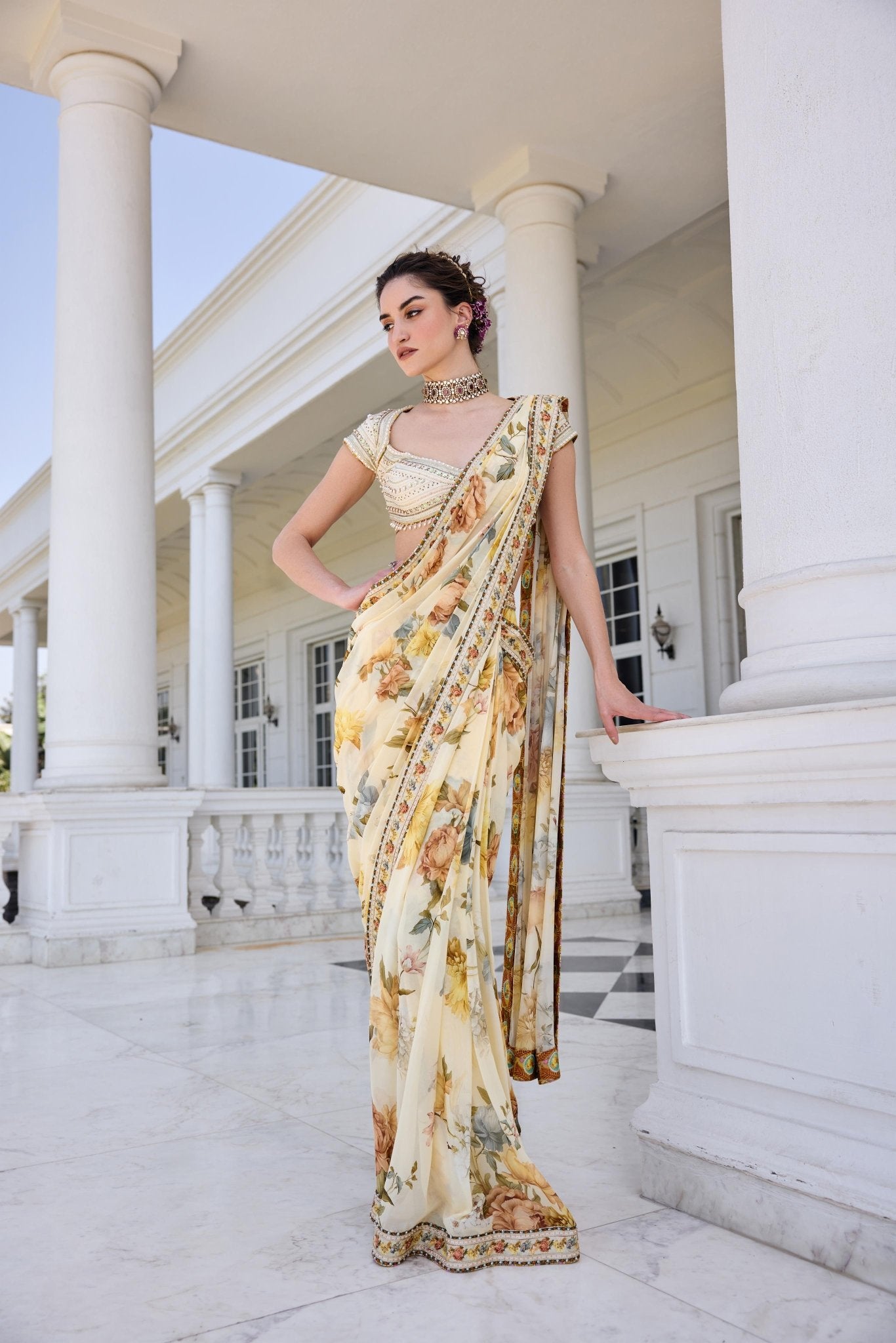 FRIDA DRAPED SAREE SET - White Maison de Couture