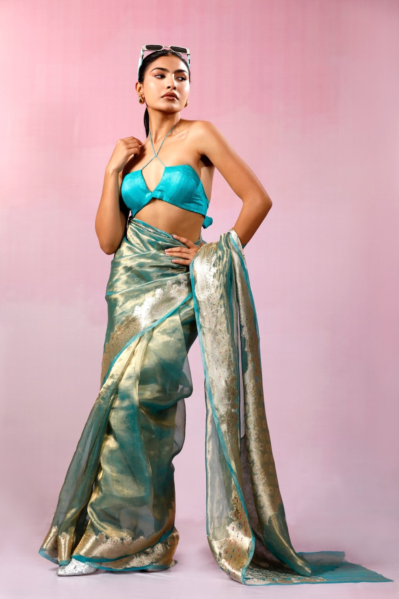 HANDWOVEN BLUE TISSUE MEENAKARI SAREE - White Maison de Couture