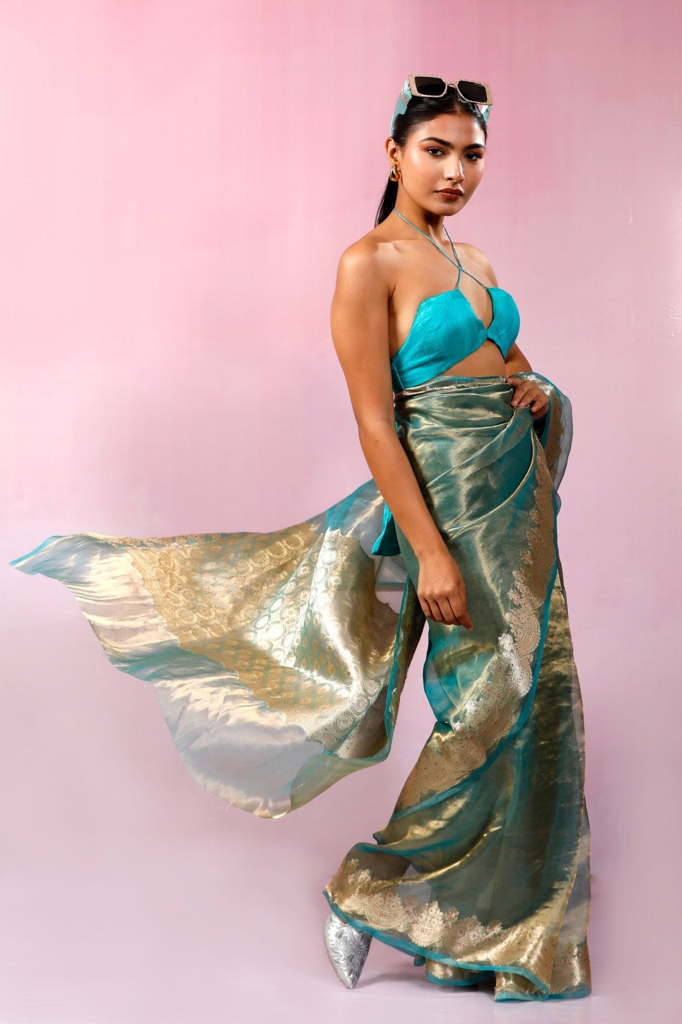 HANDWOVEN BLUE TISSUE MEENAKARI SAREE - White Maison de Couture