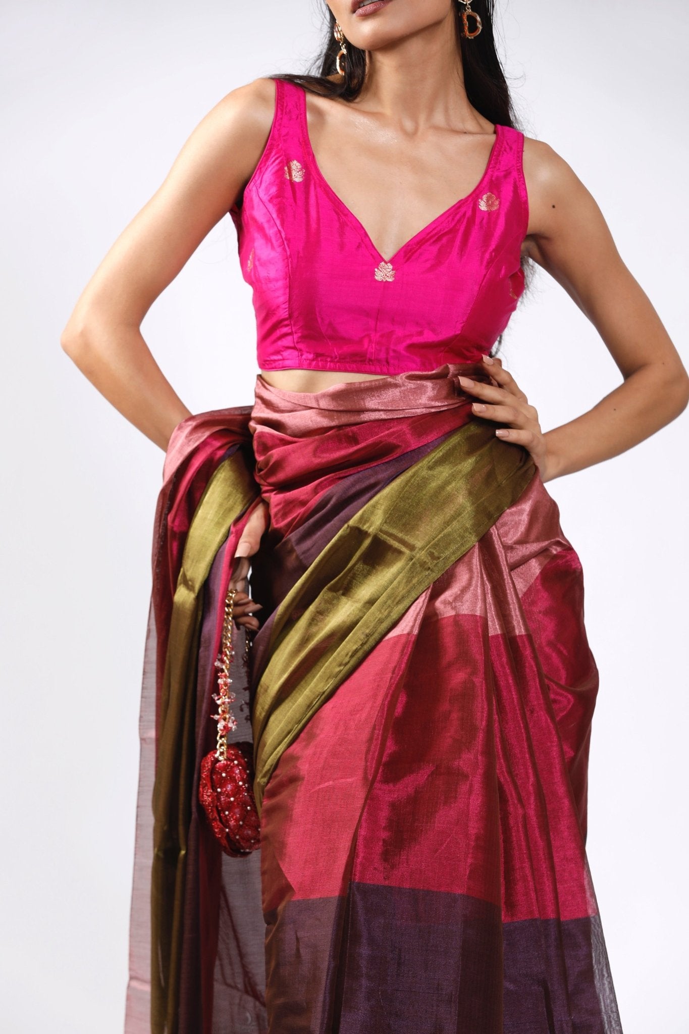 HANDWOVEN CHANDERI TISSUE PURPLE GREEN PINK SAREE - White Maison de Couture