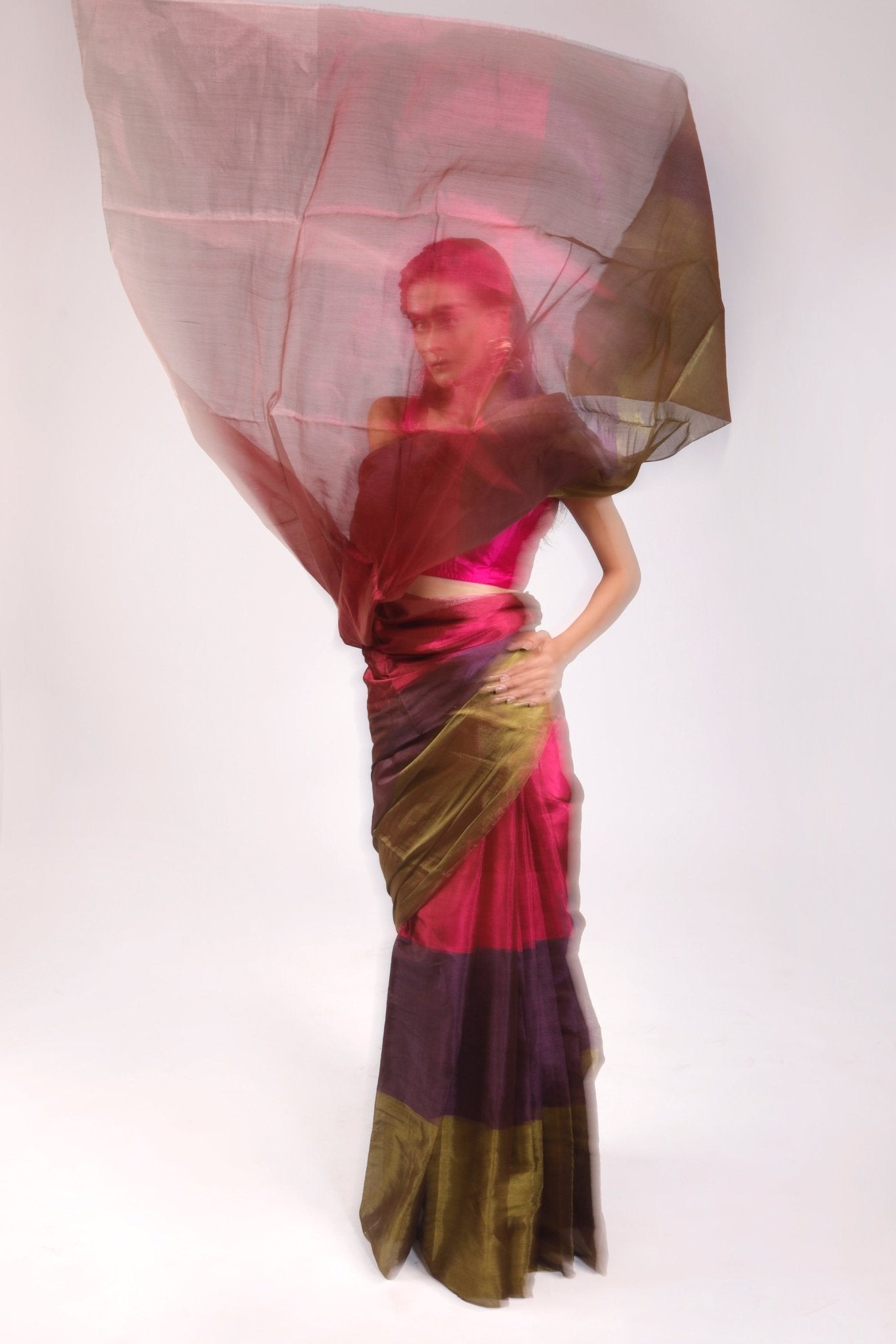 HANDWOVEN CHANDERI TISSUE PURPLE GREEN PINK SAREE - White Maison de Couture
