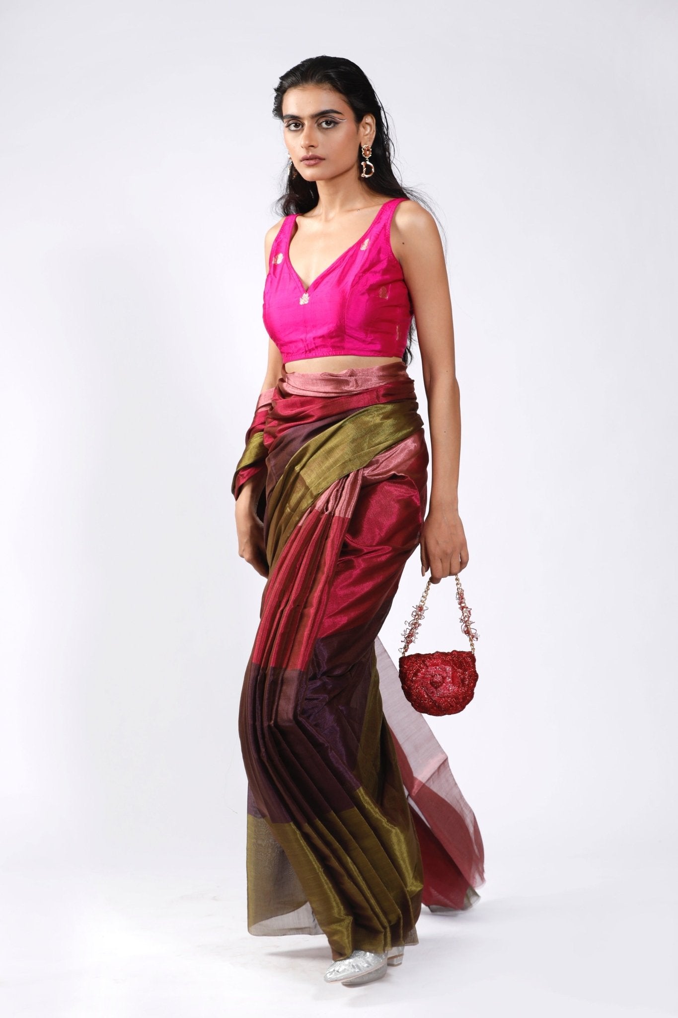 HANDWOVEN CHANDERI TISSUE PURPLE GREEN PINK SAREE - White Maison de Couture