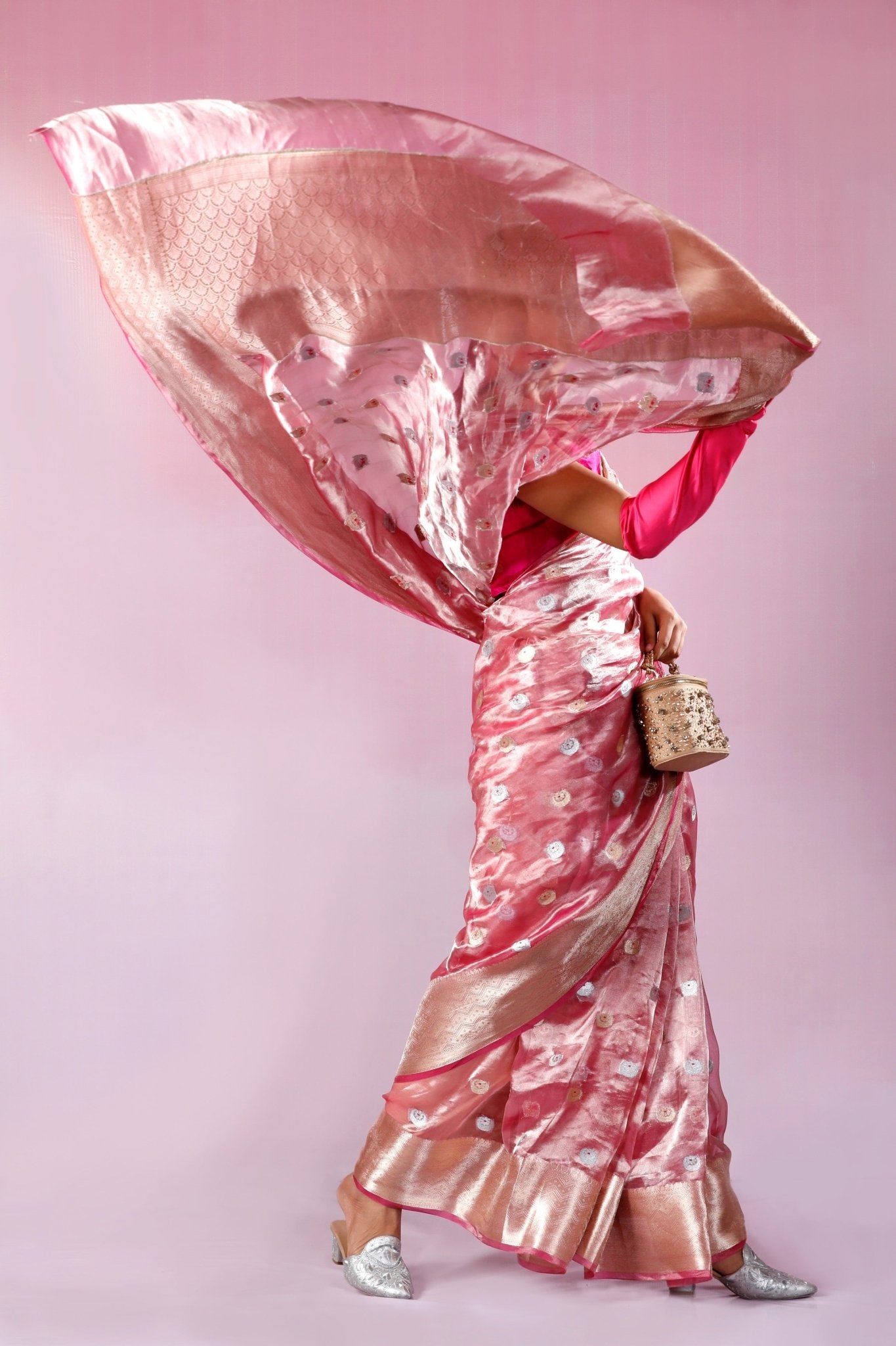 HANDWOVEN PINK TISSUE CHAND BUTA SAREE - White Maison de Couture