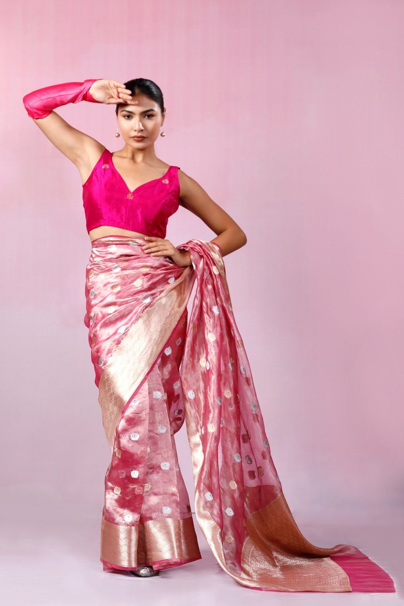 HANDWOVEN PINK TISSUE CHAND BUTA SAREE - White Maison de Couture